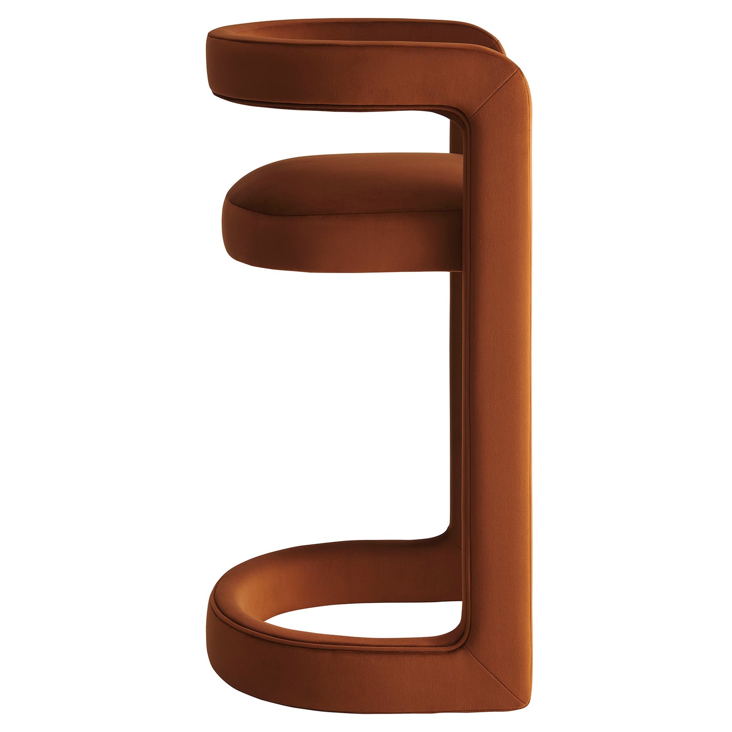 Caramel brown velvet bar stool with a sculptural continuous U-shaped frame and a curved cushioned seat.