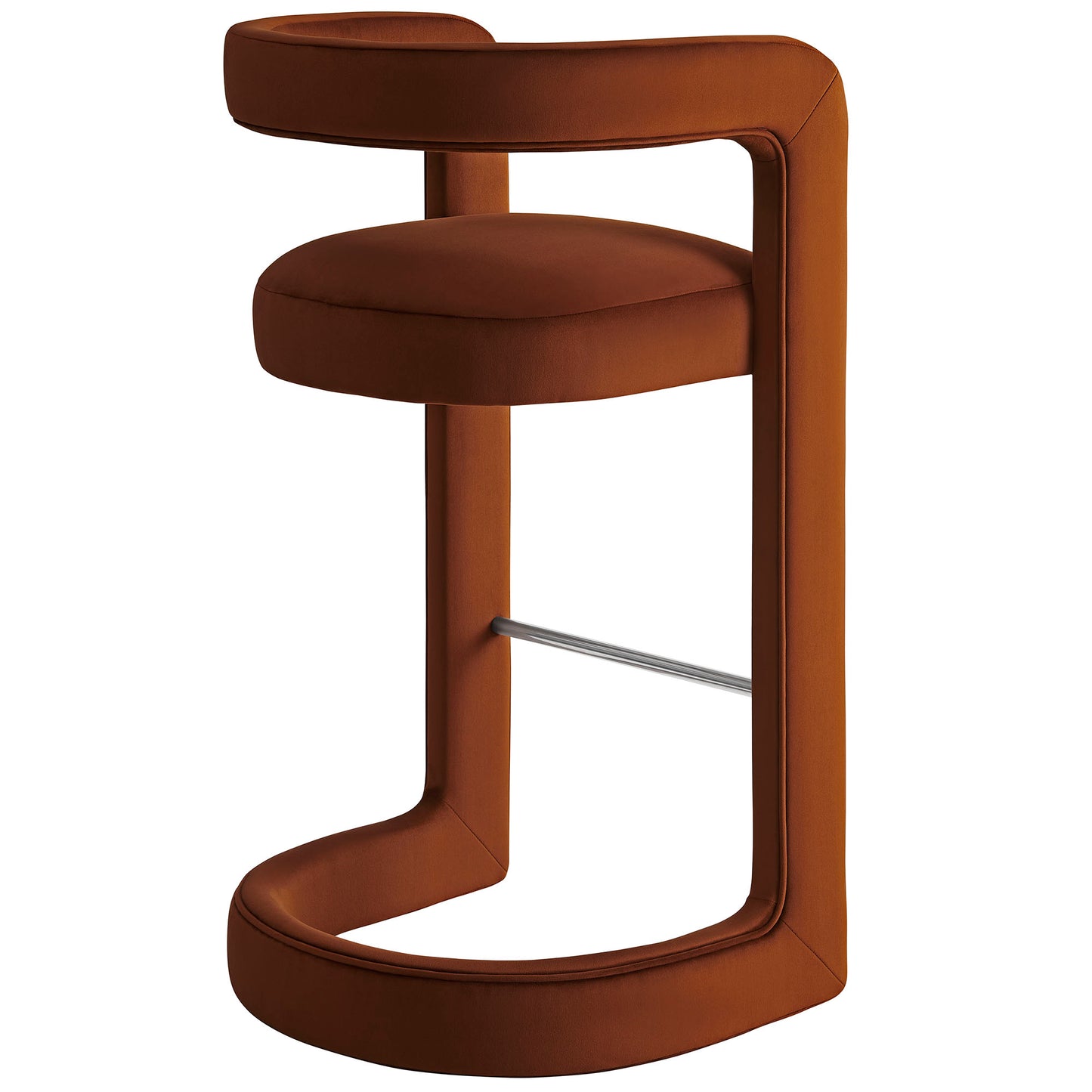 Brown velvet bar stool with a round cushioned seat, curved cantilever frame and chrome footrest.