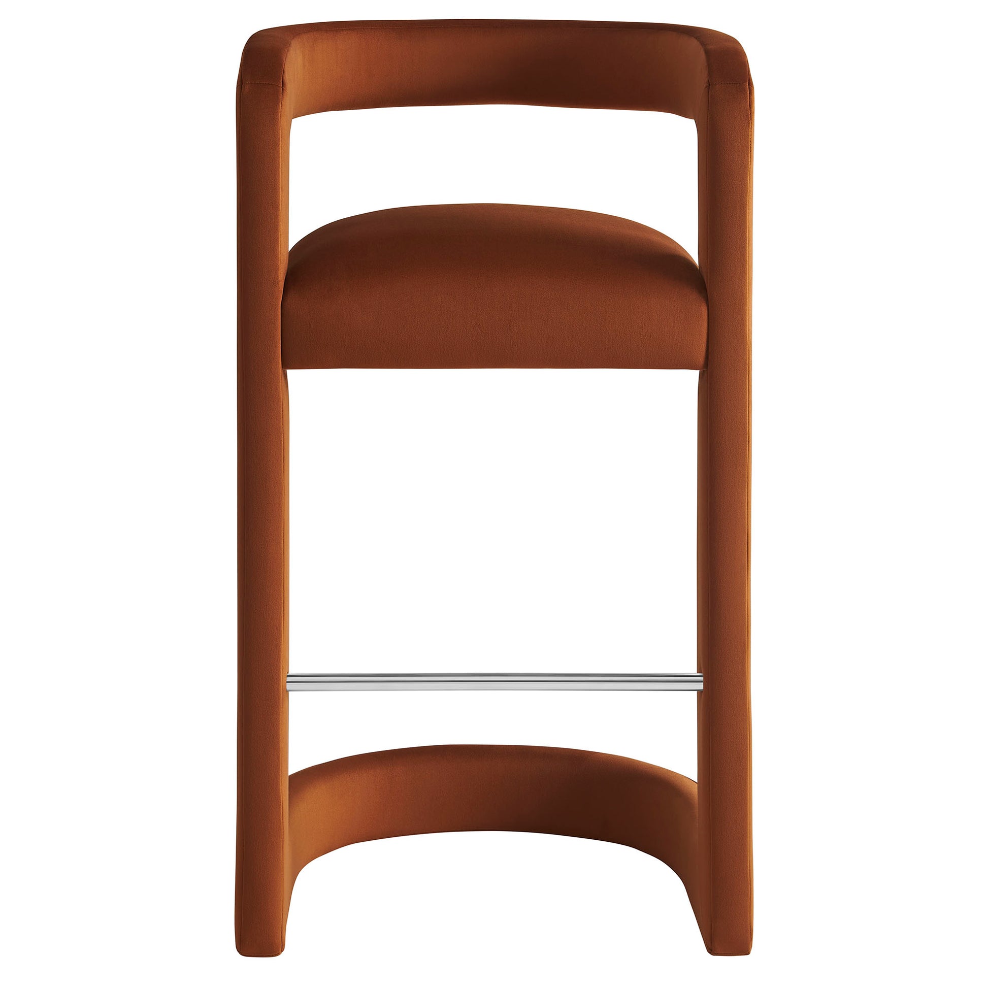 Brown velvet upholstered bar stool with a curved wooden frame, cushioned seat and back, and chrome foot rail.