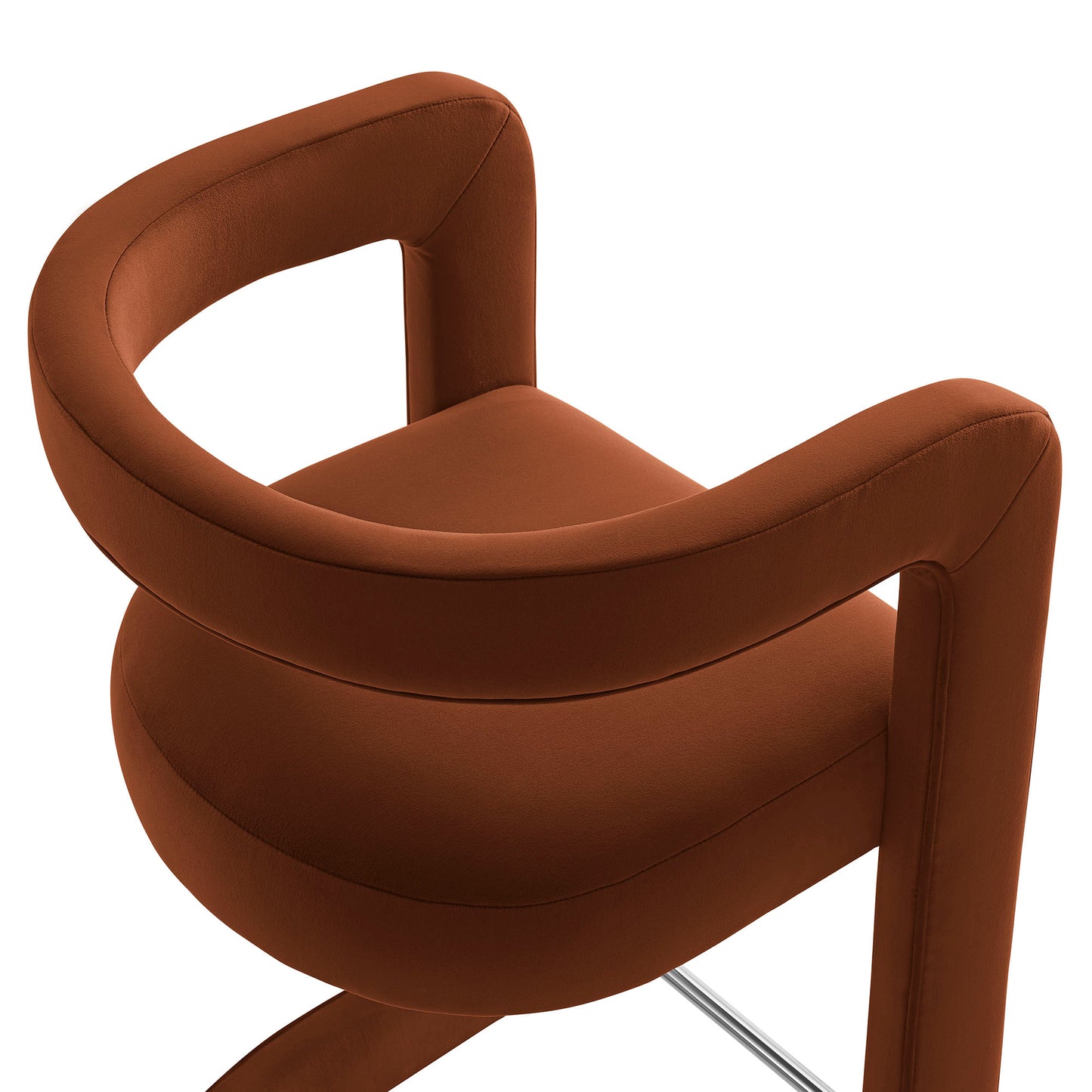Brown velvet bar stool with curved back and rounded seat; chrome base, modern mid-century design.