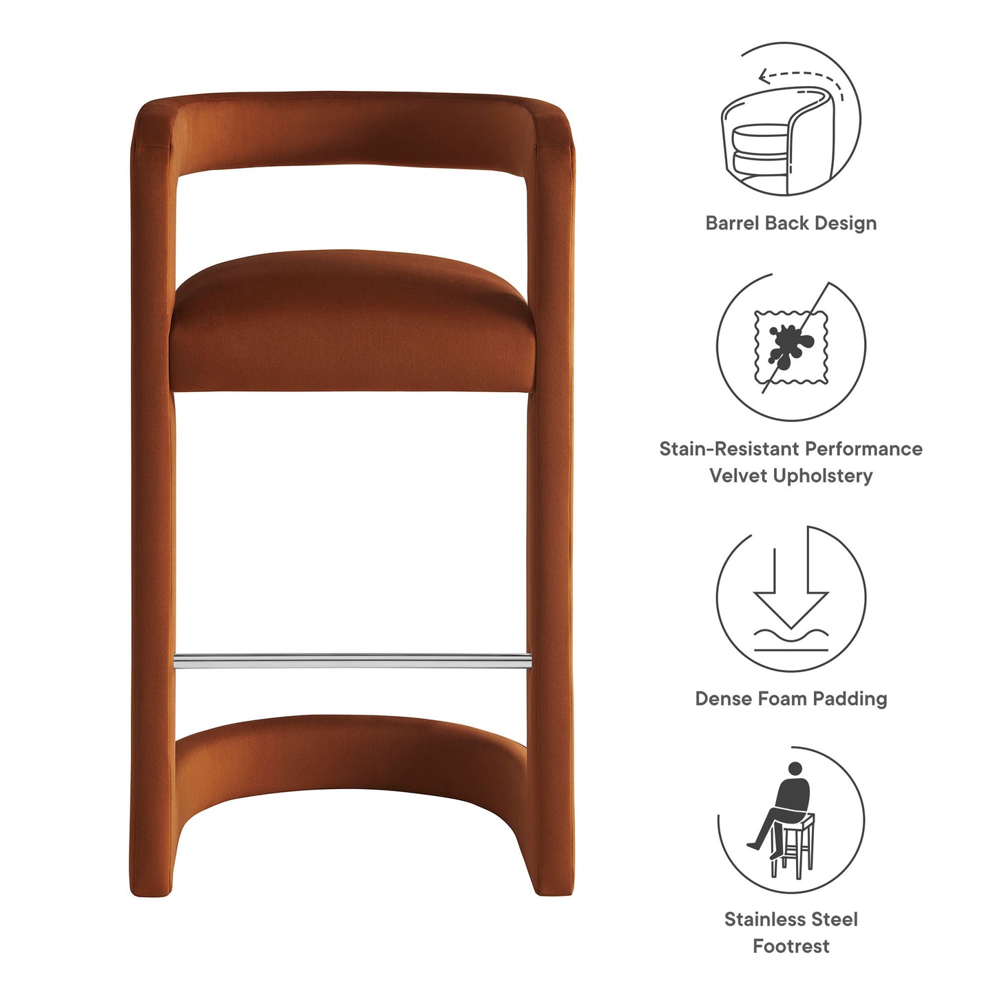 Rust velvet upholstered bar stool with a barrel-back design, curved wooden frame, foam padding and a stainless steel footrest.