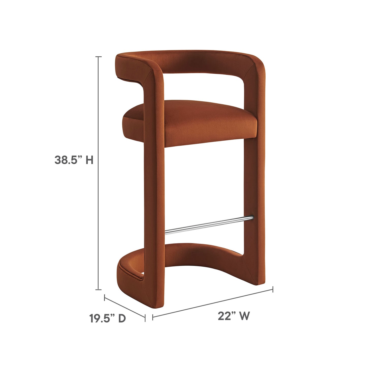 Rust-brown upholstered bar stool with curved open U-frame arms, cushioned seat and chrome footrest.