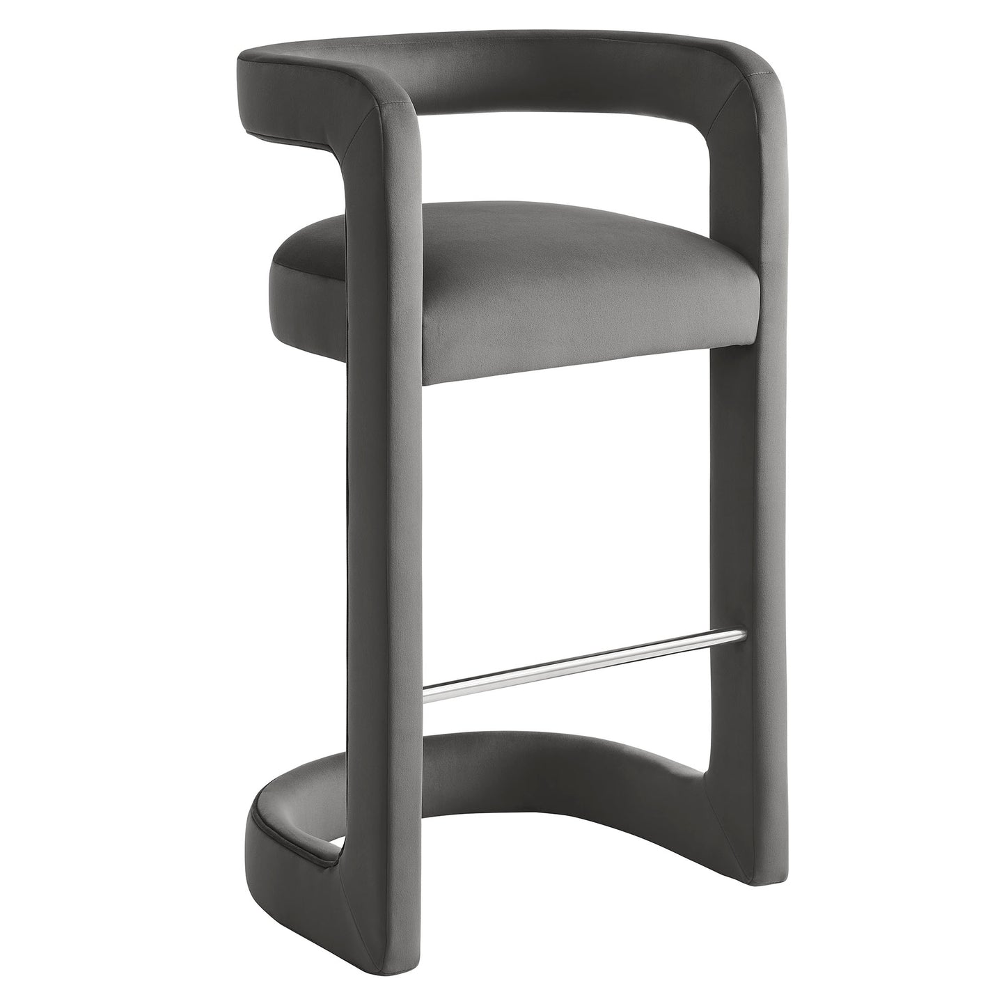 Gray upholstered bar stool with a curved sculptural steel frame and chrome footrest.