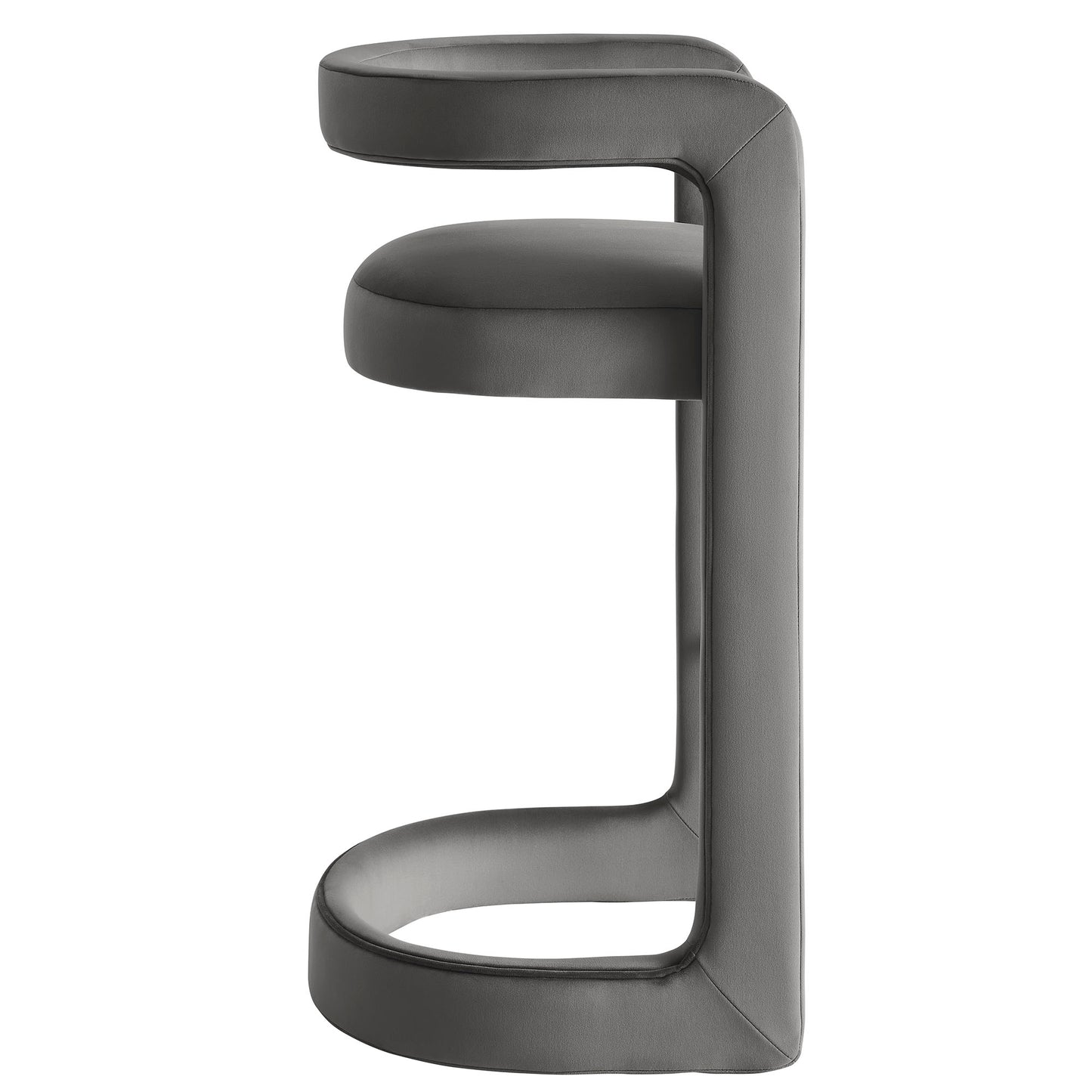 Gray velvet bar stool with a round upholstered seat and metal pedestal base; modern sculptural design.