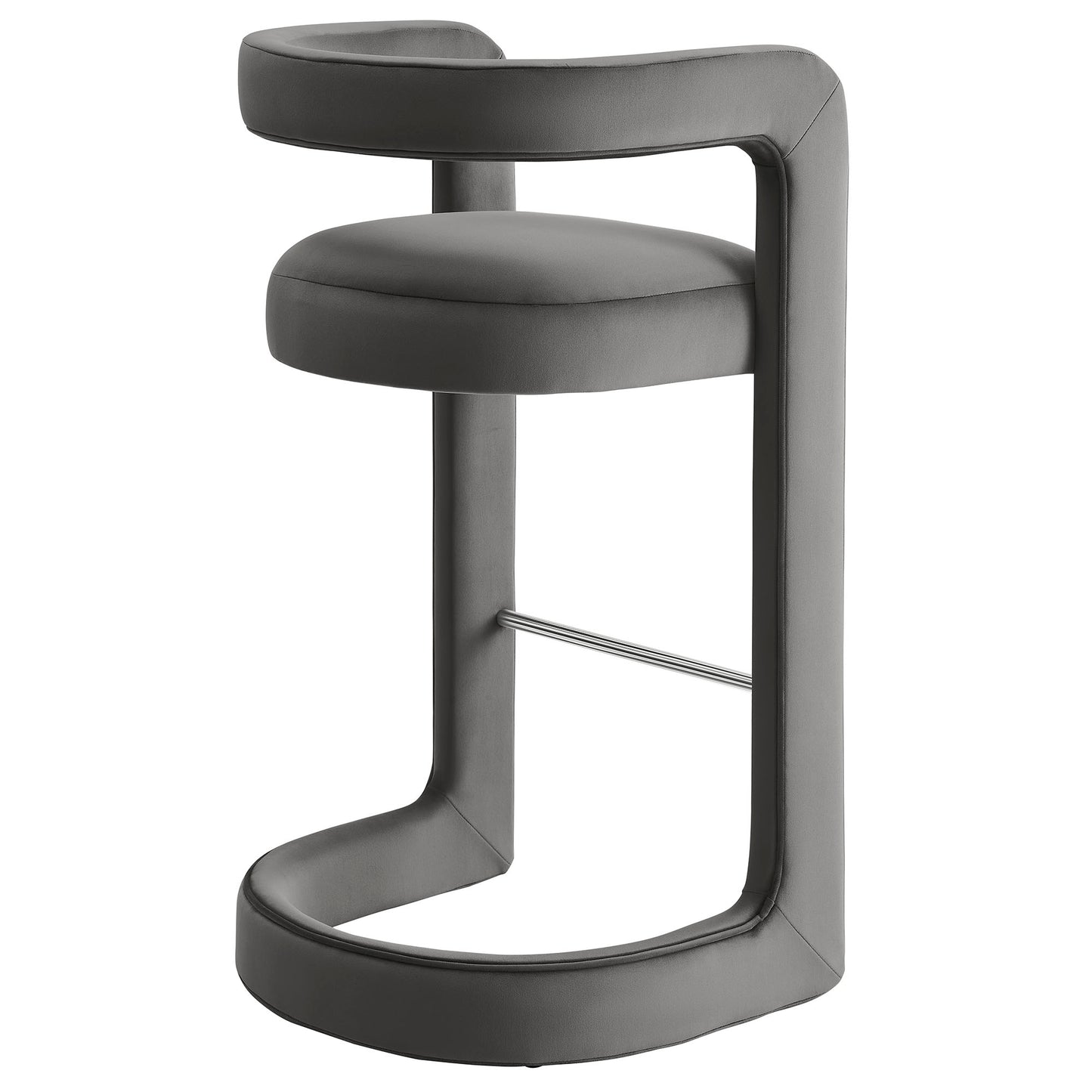 Grey upholstered bar stool with circular cushion and wraparound armrest on a metal cantilever base.