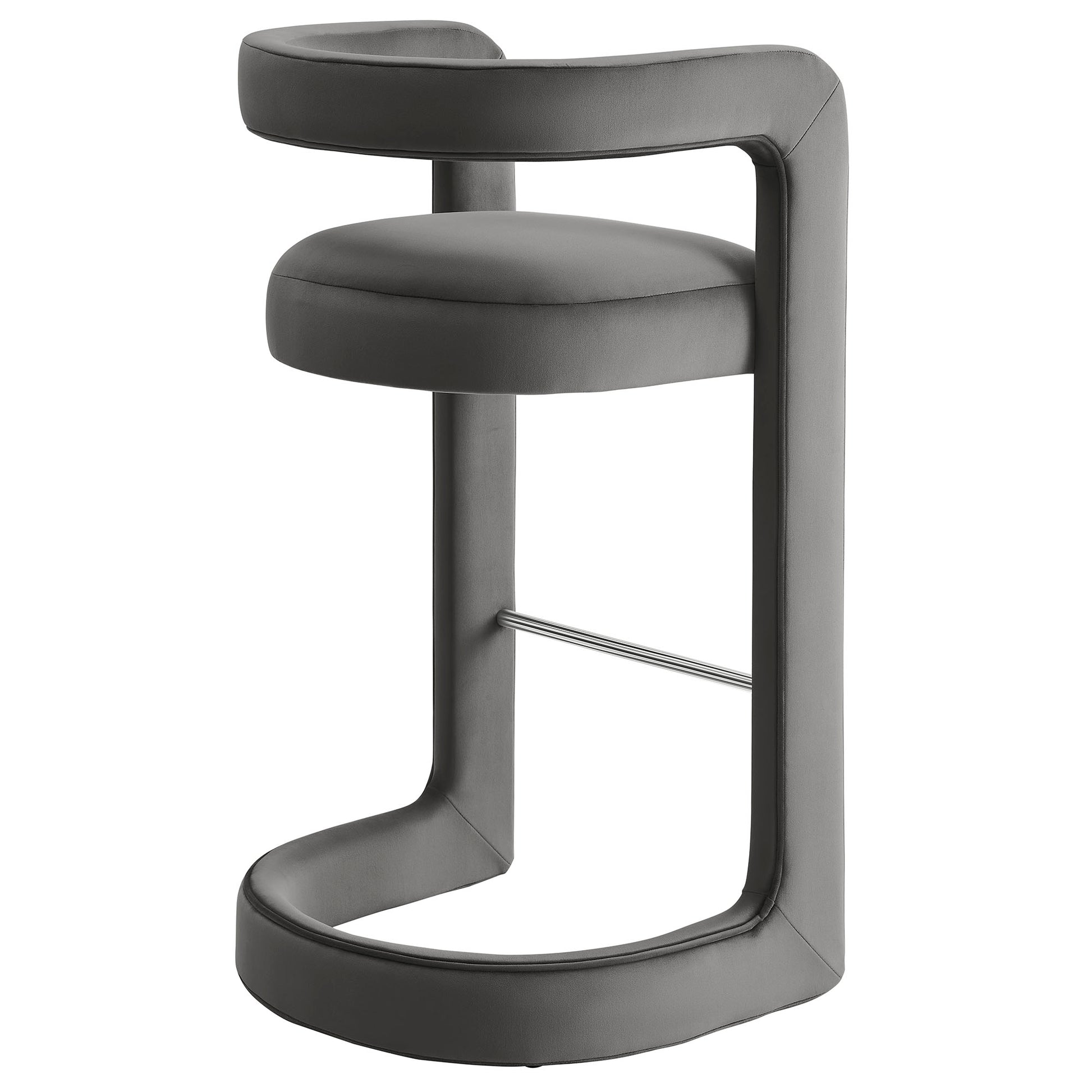 Grey upholstered bar stool with circular cushion and wraparound armrest on a metal cantilever base.