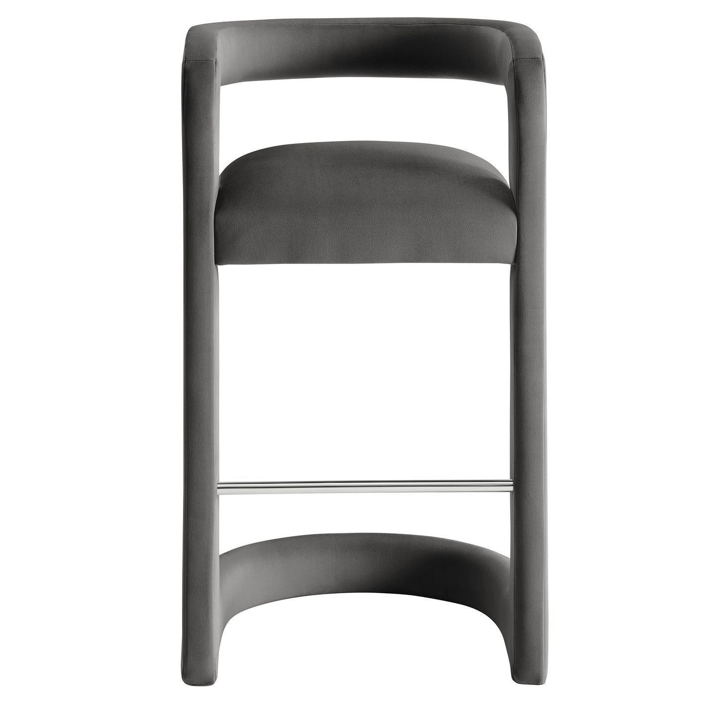 Charcoal gray upholstered bar stool with curved back frame and chrome footrest.