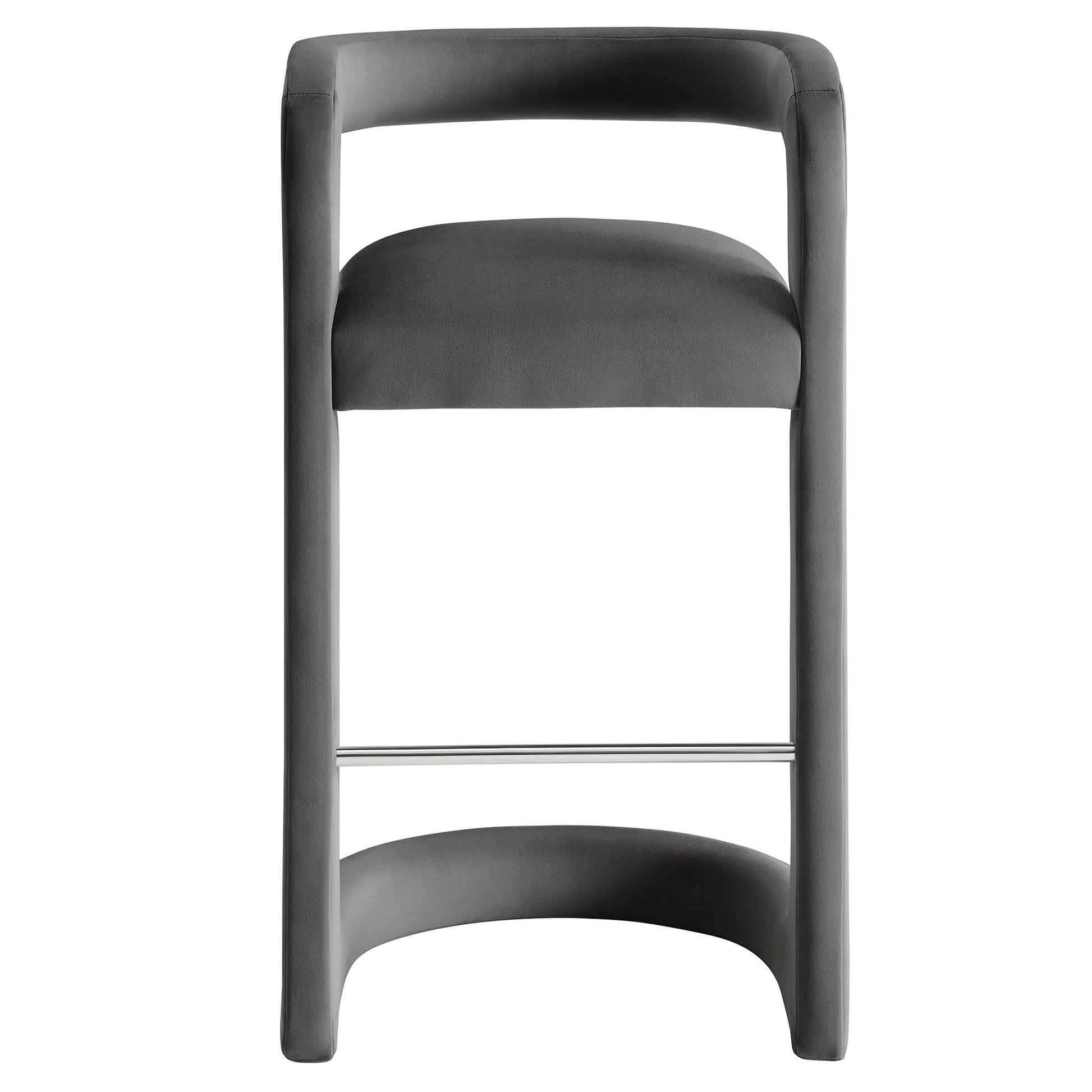 Charcoal gray upholstered bar stool with curved back frame and chrome footrest.
