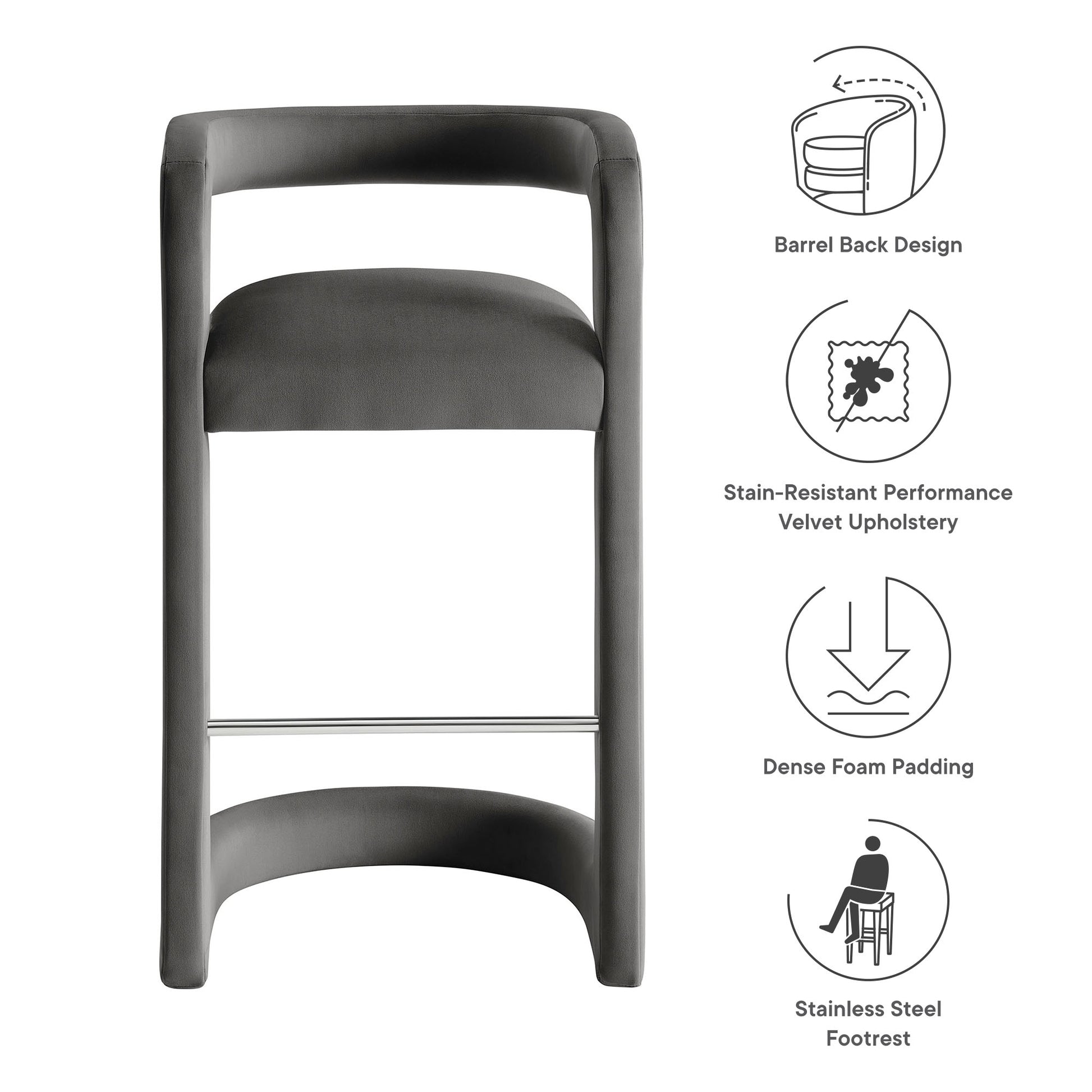 Dark gray velvet bar stool with a barrel back, cushioned seat, and stainless steel footrest.