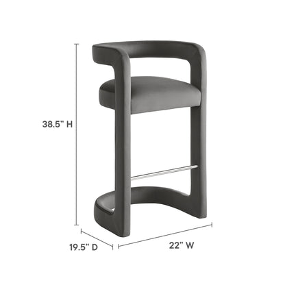 Charcoal gray velvet bar stool with curved back & chrome footrest, 38.5 H, 22 W, 19.5 D.