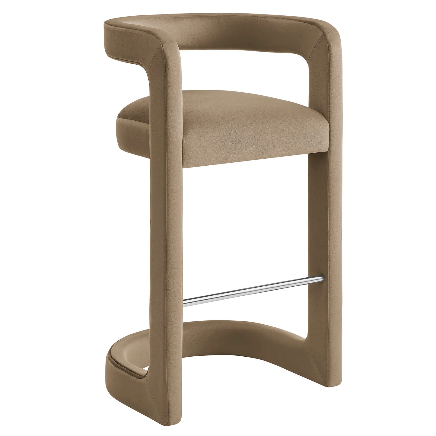 Taupe upholstered bar stool with wraparound curved frame and chrome footrest.