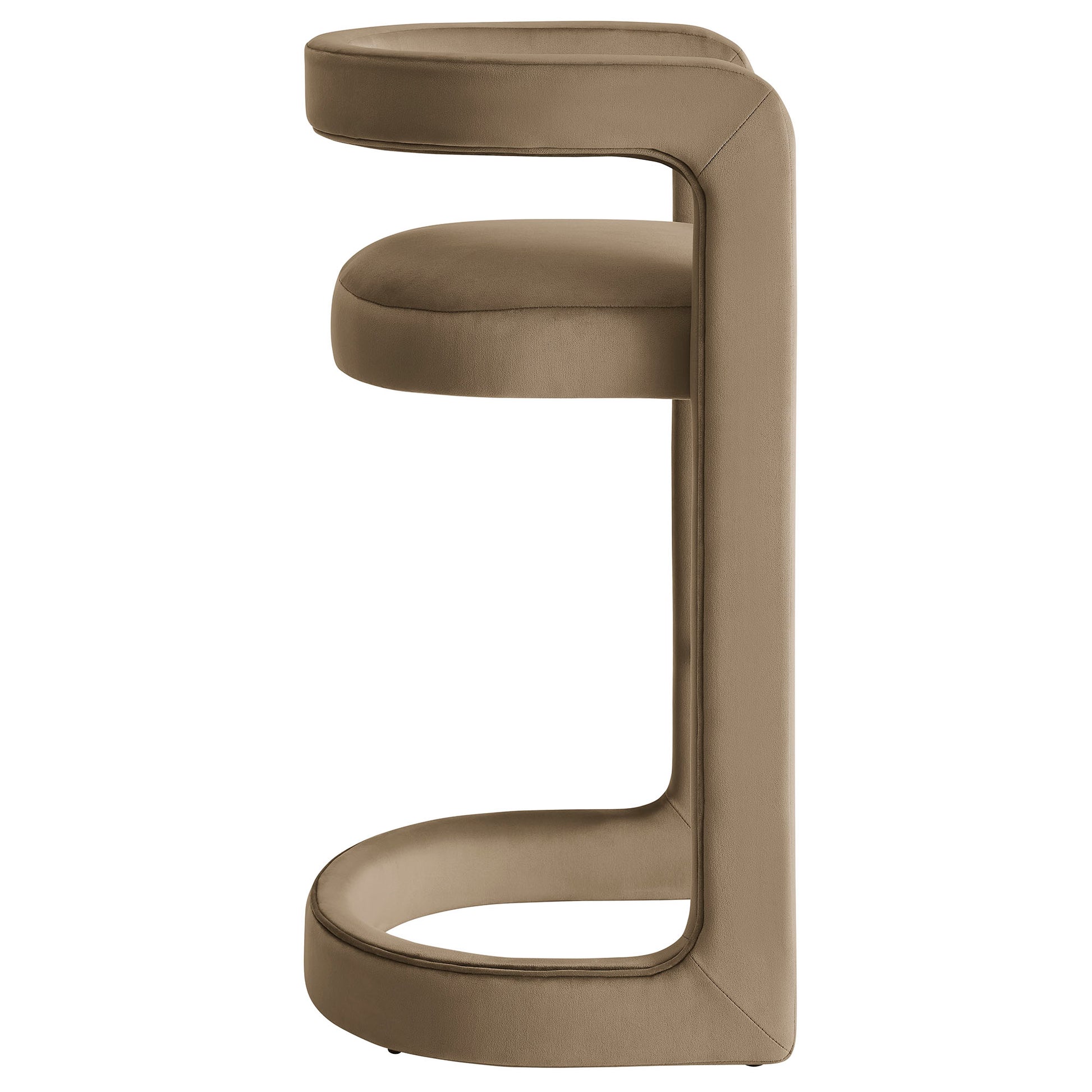 Taupe velvet upholstered bar stool with circular seat, curved backrest, and cantilever base in a modern sculptural design.