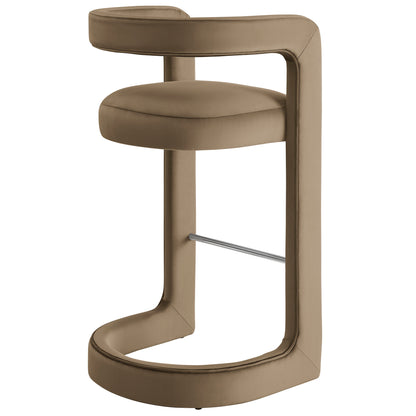 Taupe upholstered modern bar stool with a circular base, wraparound arm/backrest and chrome footrest.