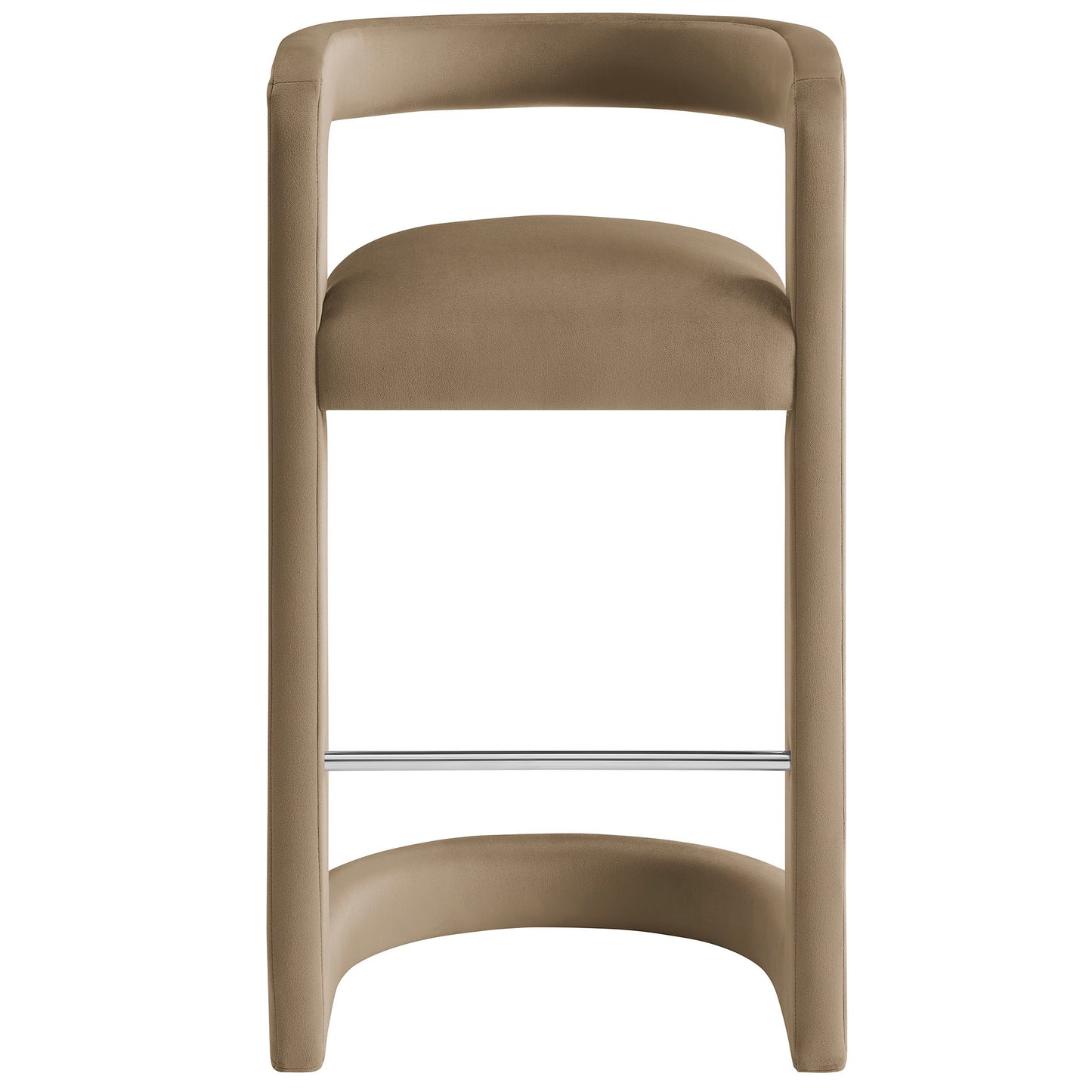 Taupe upholstered modern bar stool with padded seat, curved frame and chrome footrest.
