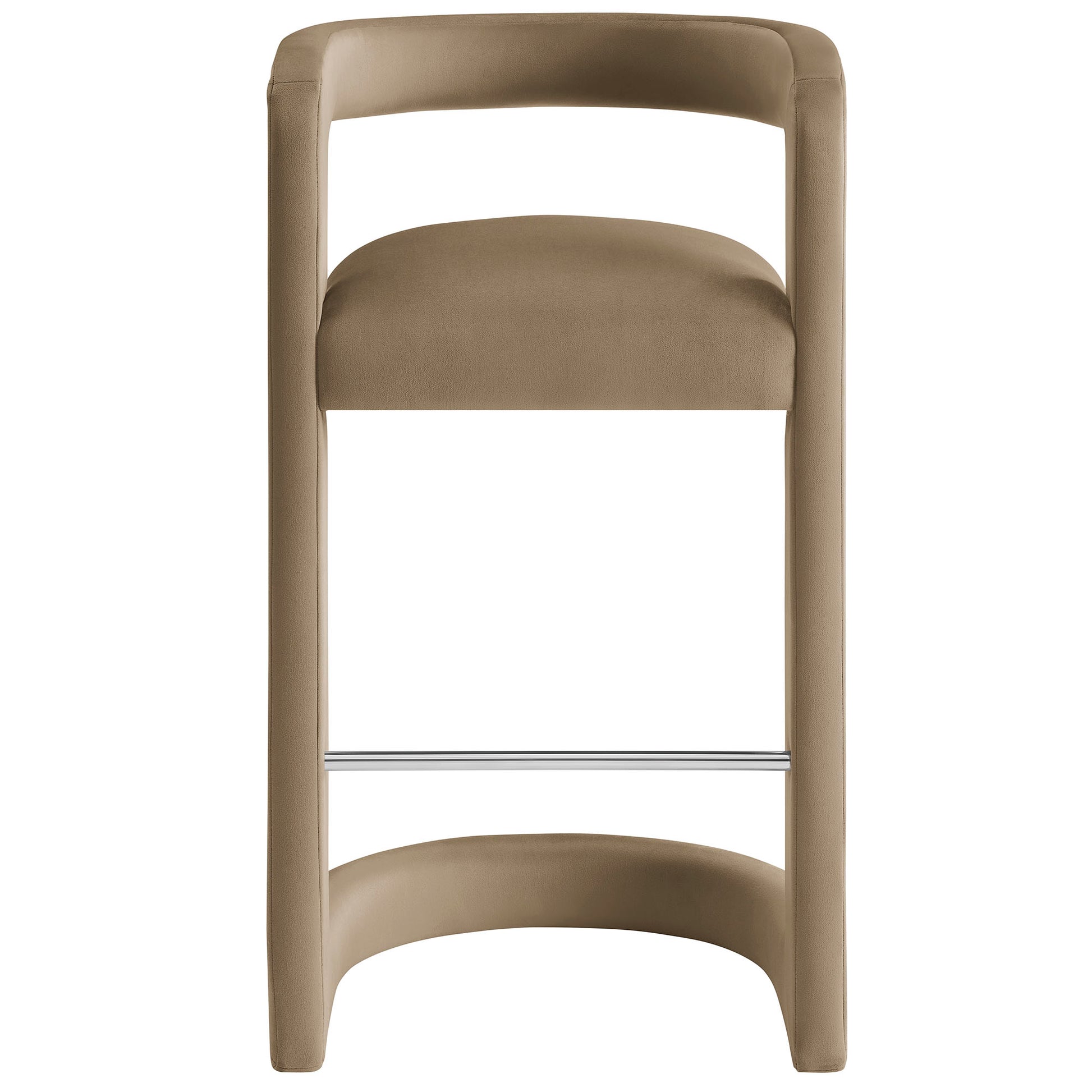 Taupe upholstered modern bar stool with padded seat, curved frame and chrome footrest.