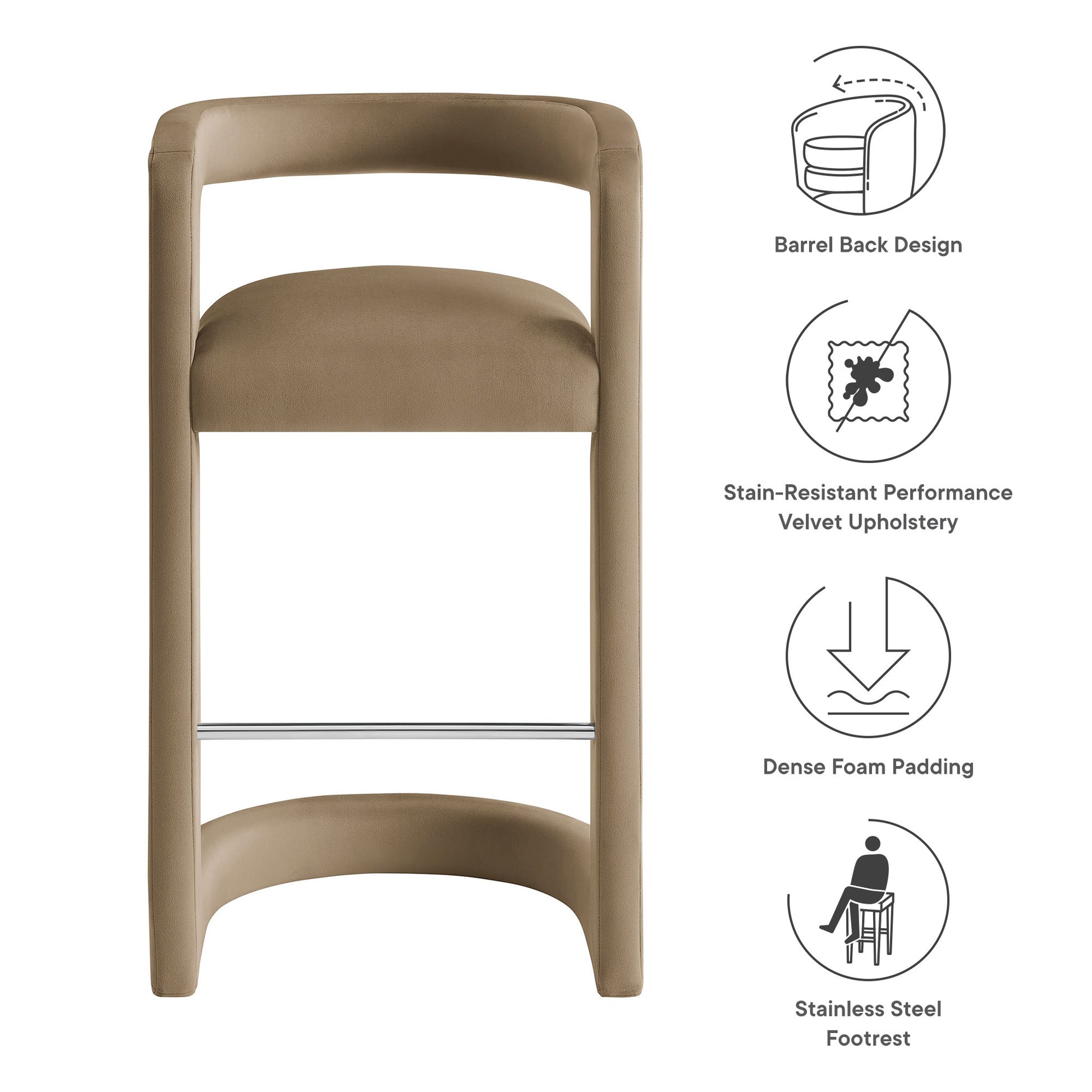Taupe velvet bar stool with barrel back design, dense foam padding, and stainless steel footrest