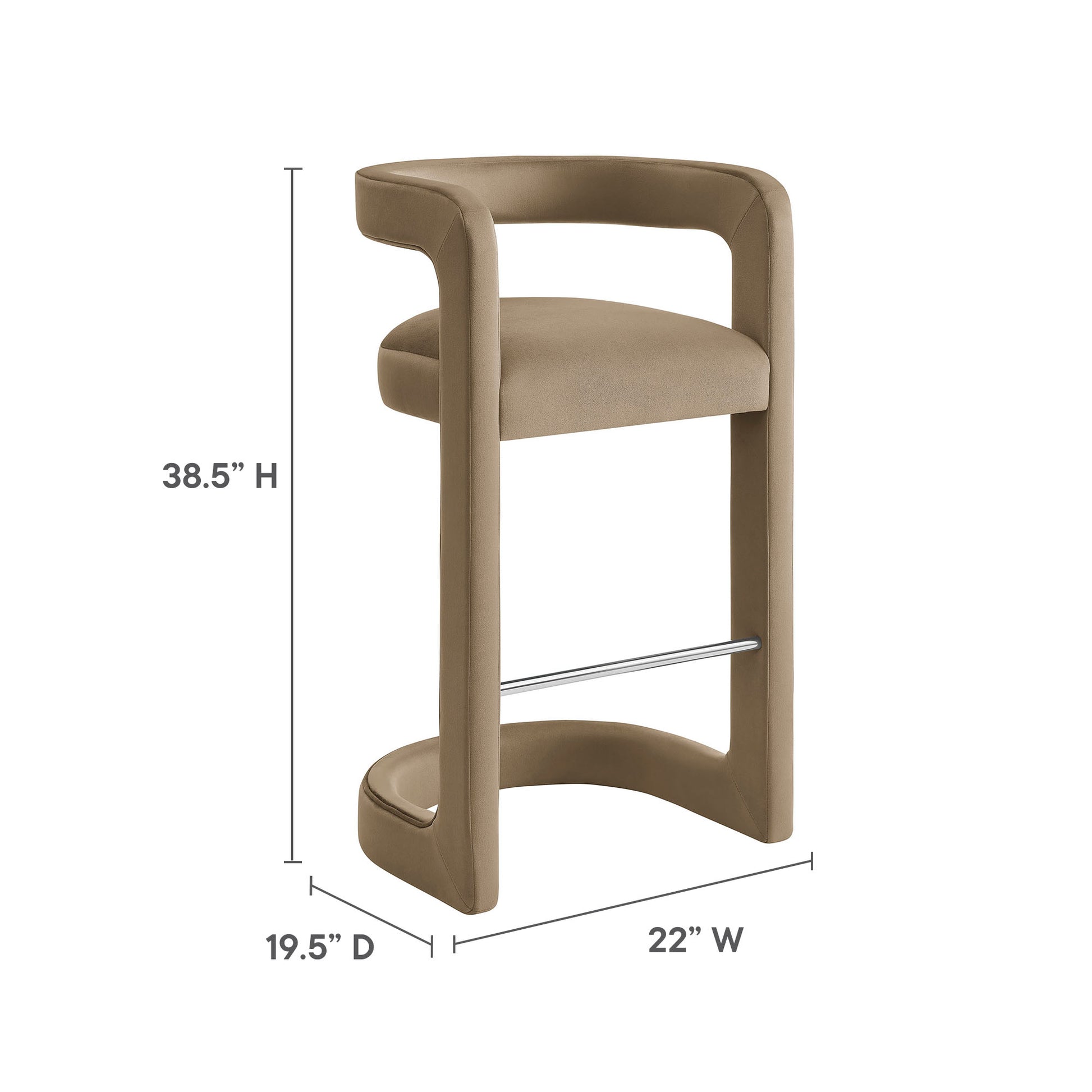 Taupe upholstered bar stool with curved open-frame back, integrated arms, chrome foot rail, 38.5H x 22W x 19.5D
