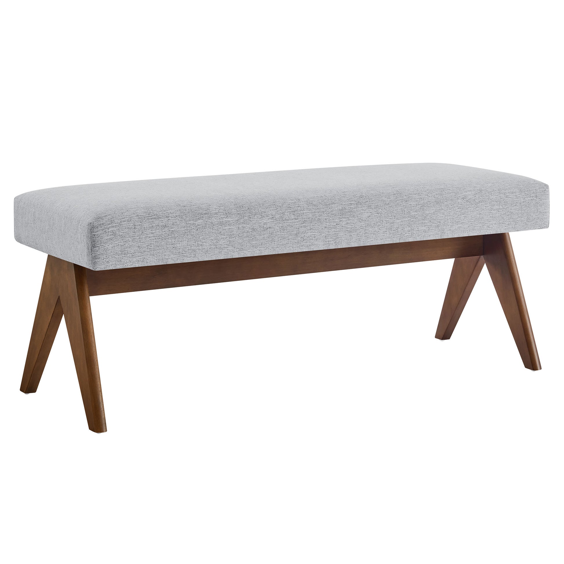 Mid-century modern wooden bench with a light gray upholstered rectangular cushion and angled warm brown legs.