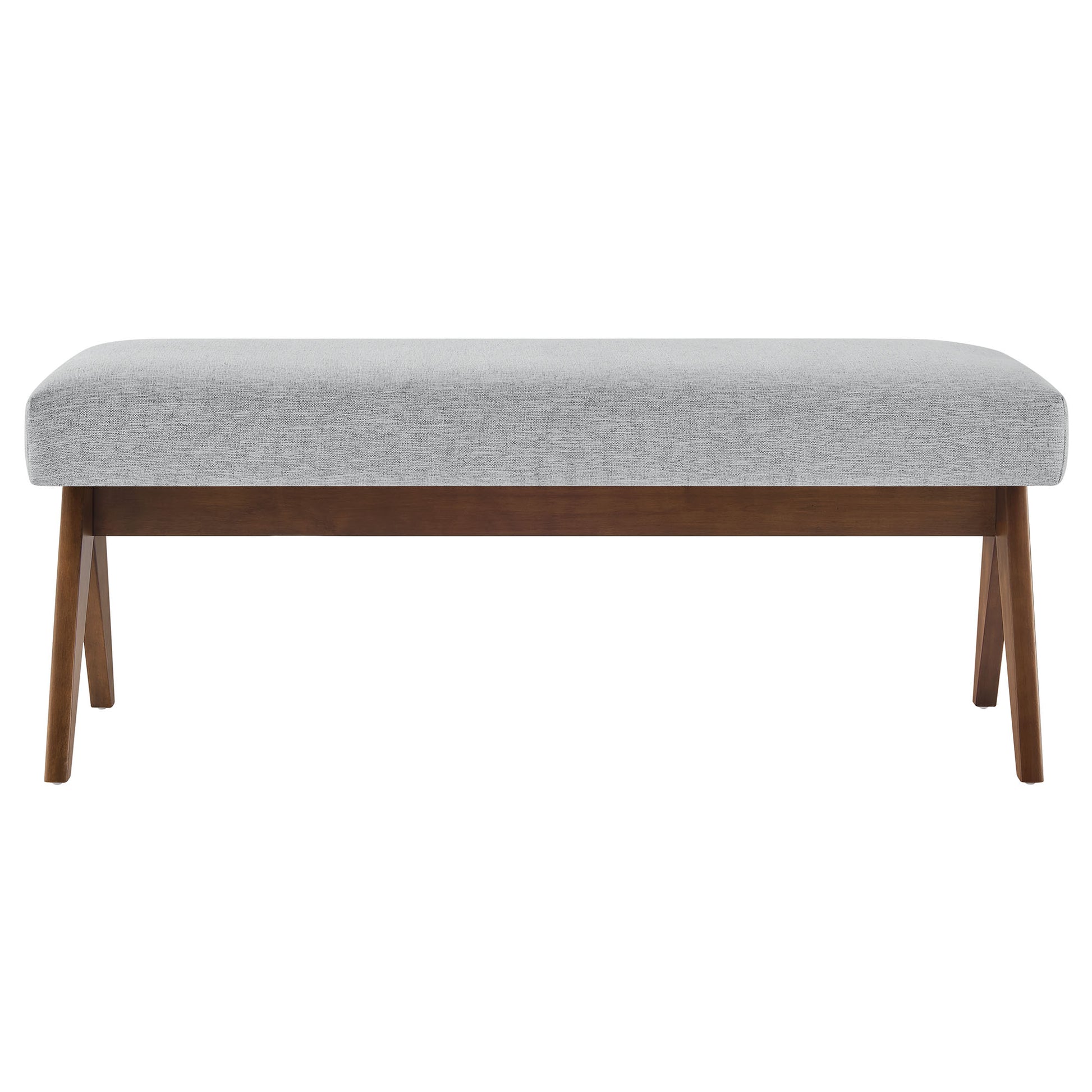Mid-century wooden bench with a light gray upholstered cushion and angled tapered legs