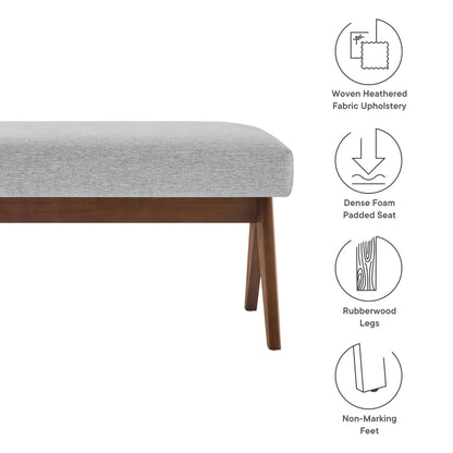 Light gray woven heathered fabric upholstery on a padded bench with dense foam and non-marking rubberwood feet.