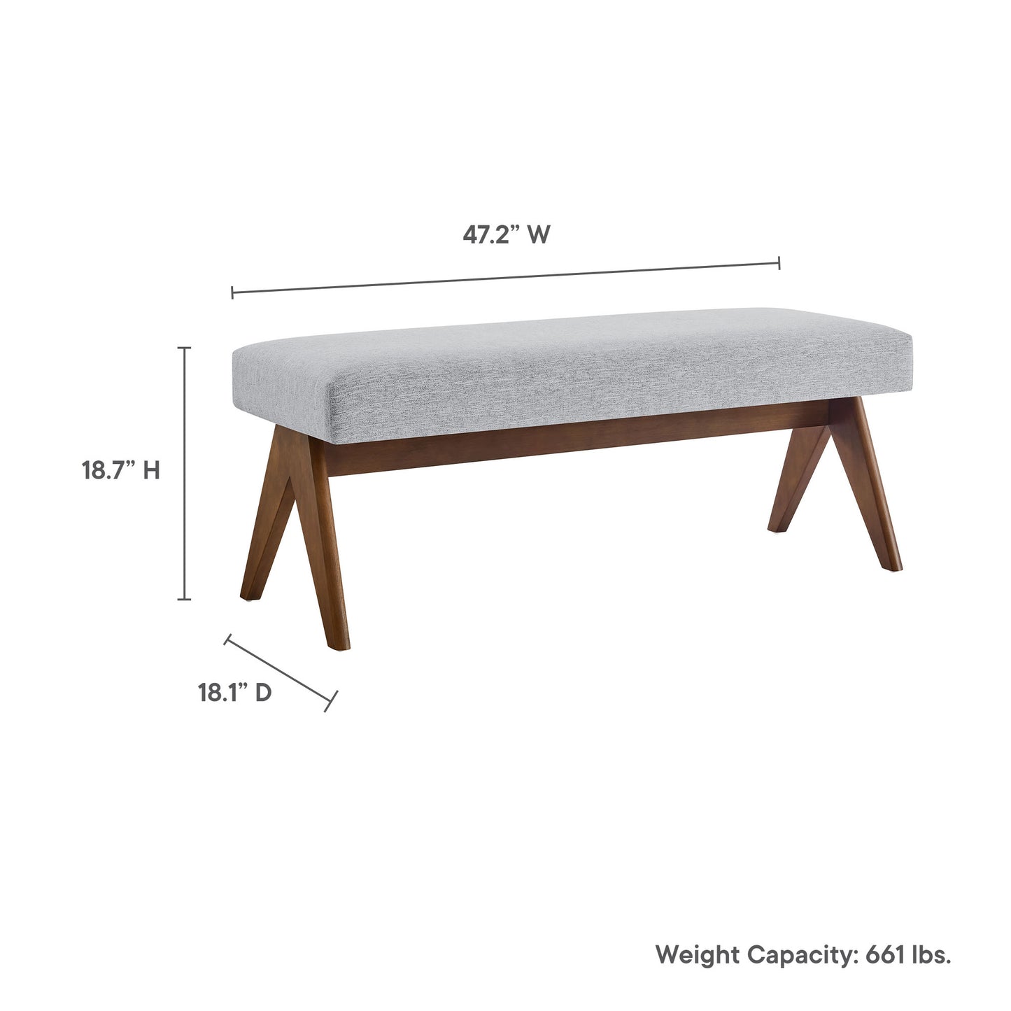 Grey upholstered bench with angled wooden legs; mid-century style, 47.2W x 18.7H x 18.1D, weight capacity 661 lbs.