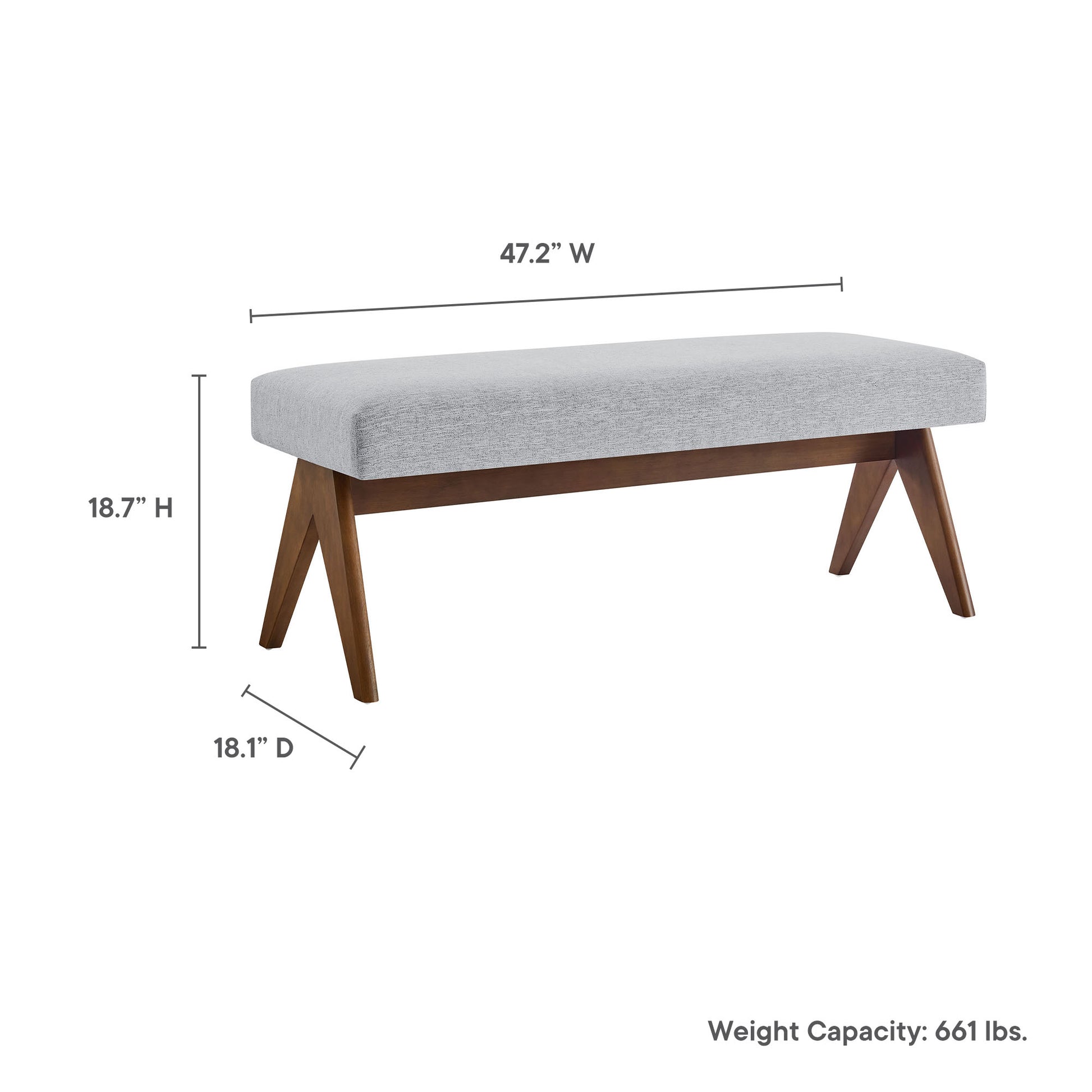 Grey upholstered bench with angled wooden legs; mid-century style, 47.2W x 18.7H x 18.1D, weight capacity 661 lbs.