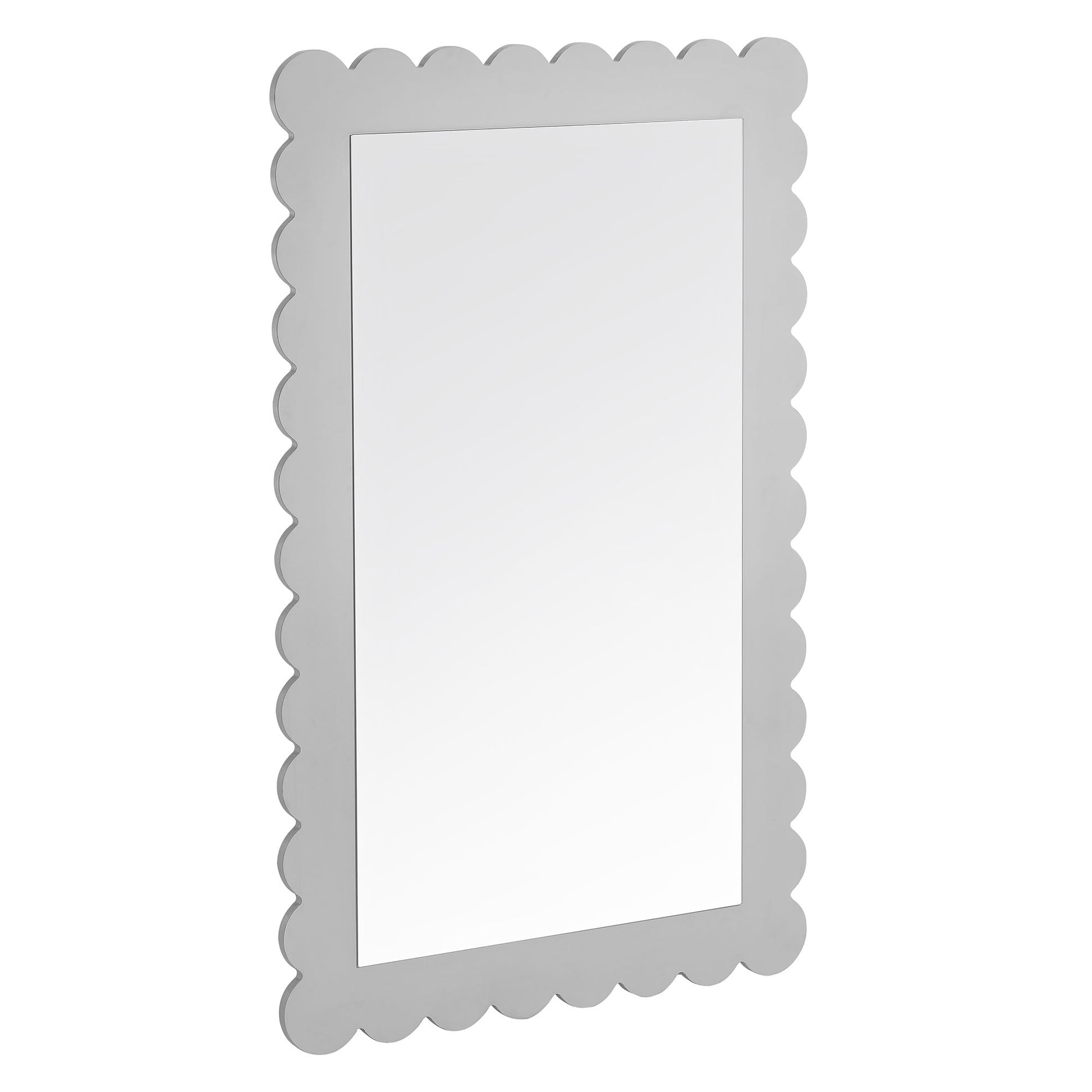 Rectangular wall mirror with a scalloped light-gray border.