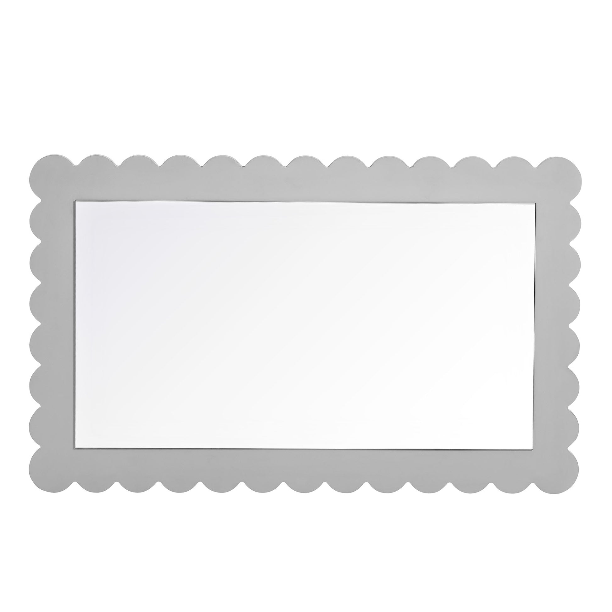 Rectangular wall mirror with a scalloped light gray frame, decorative and modern.