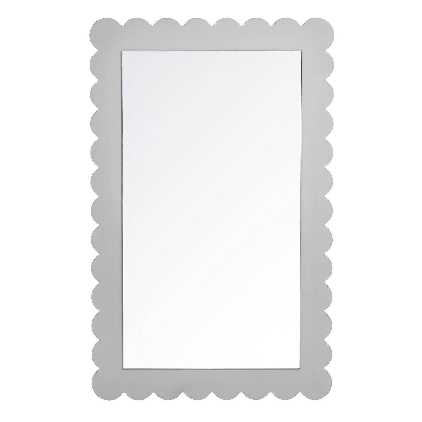 Rectangular wall mirror with a light gray scalloped-edge frame & clear reflective glass.