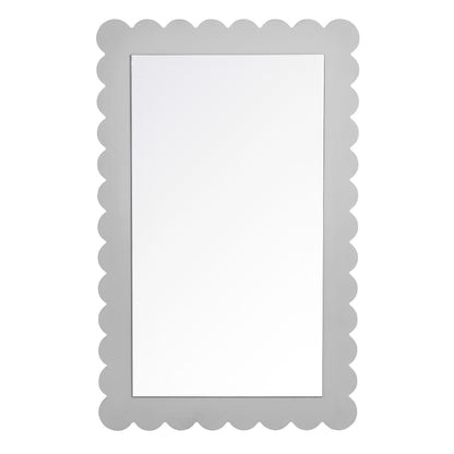 Rectangular wall mirror with a light gray scalloped-edge frame & clear reflective glass.