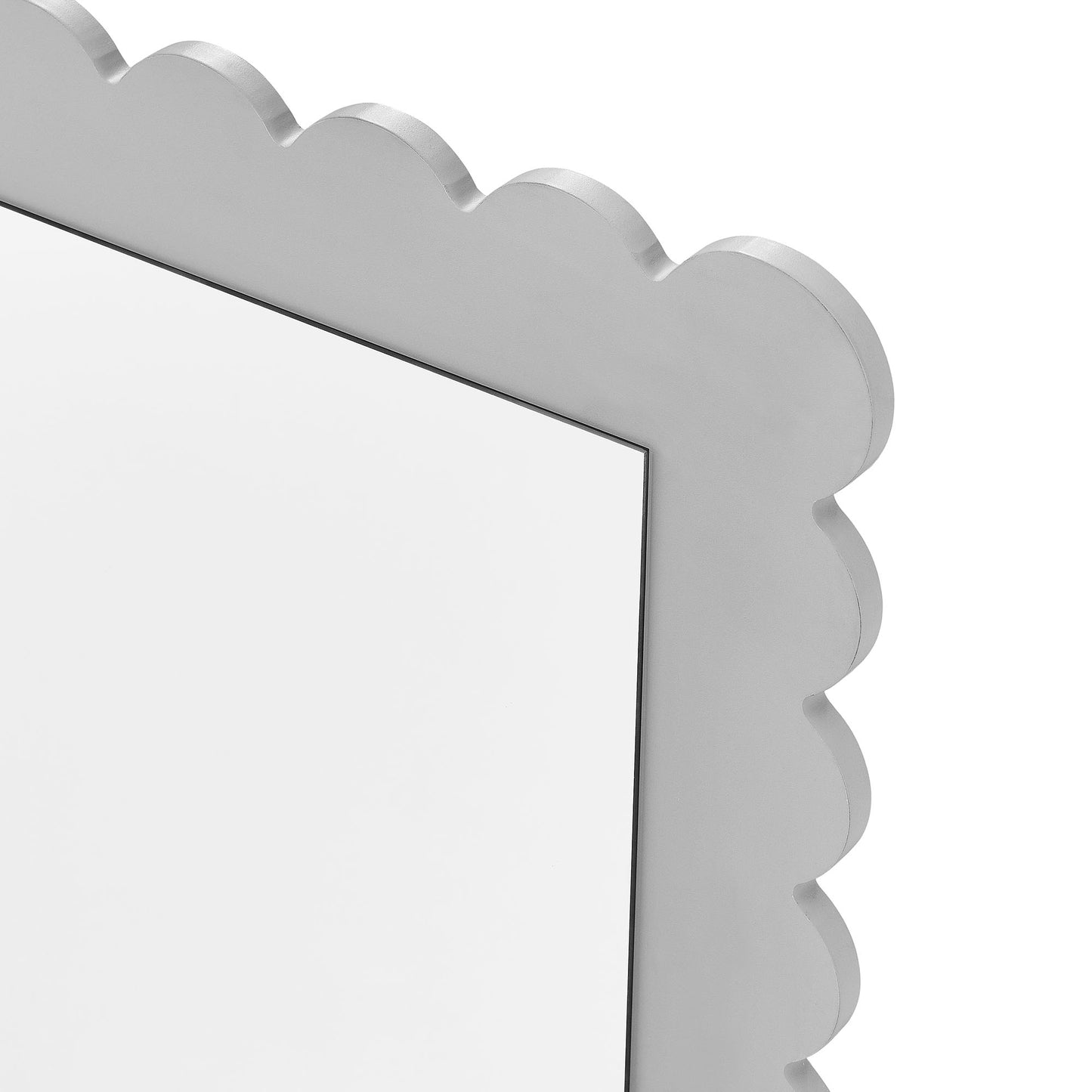 Silver cloud-like scalloped frame wall mirror with rectangular reflective surface.