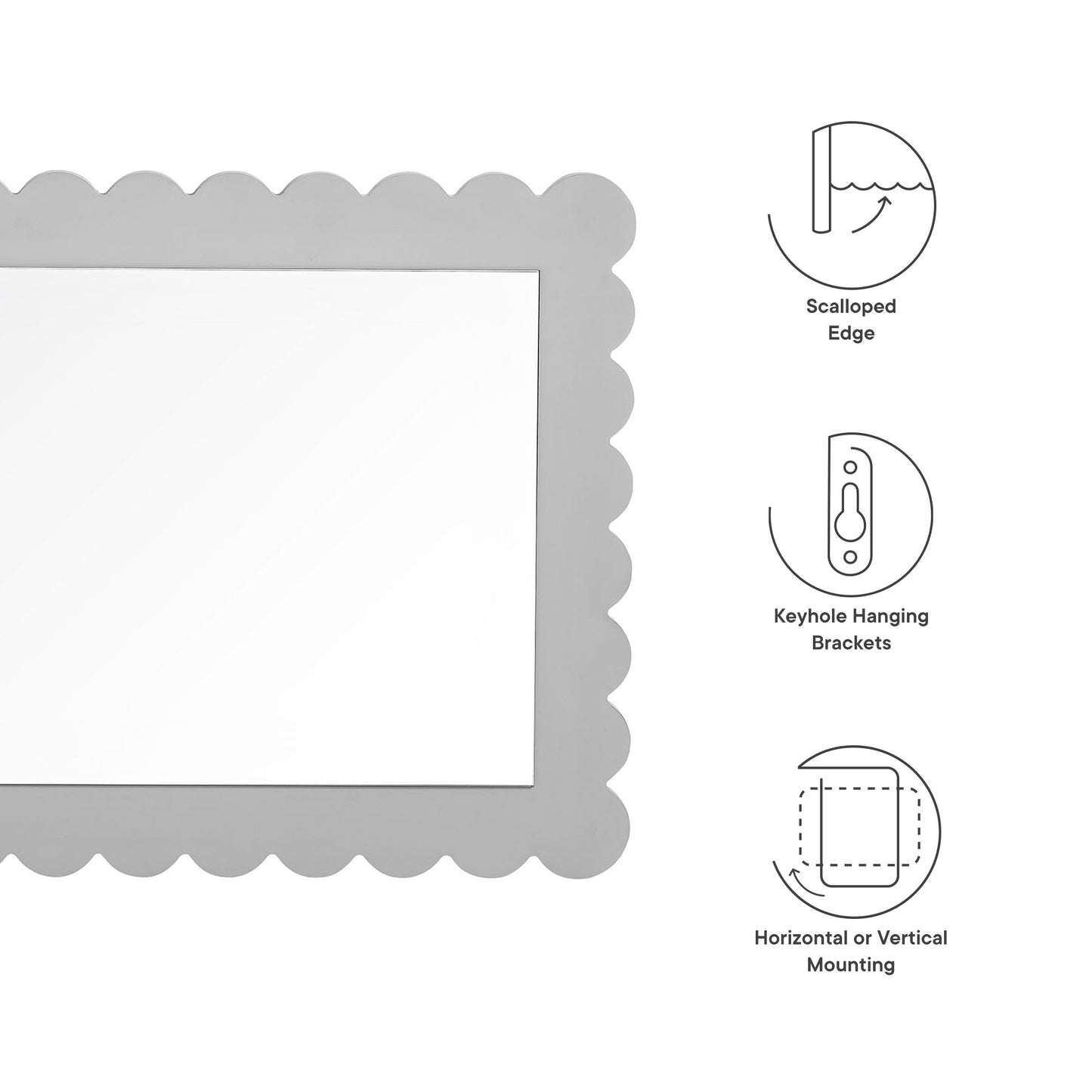 Grey scalloped-edge rectangular mirror with glass surface; vintage frame, keyhole brackets, horizontal or vertical mounting.