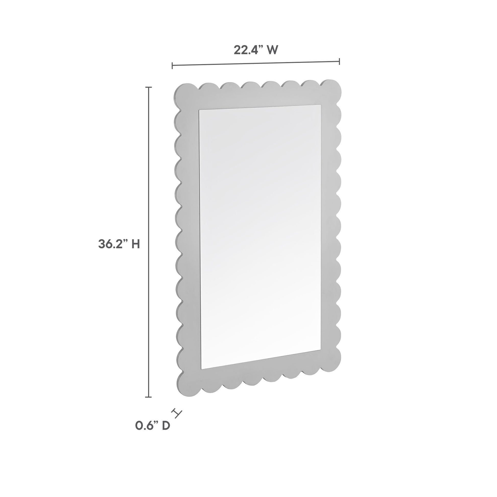 Gray scalloped-edge rectangular wall mirror, 36.2 H x 22.4 W x 0.6 D, decorative frame.