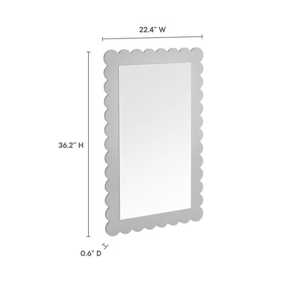 Gray scalloped-edge rectangular wall mirror, 36.2 H x 22.4 W x 0.6 D, decorative frame.
