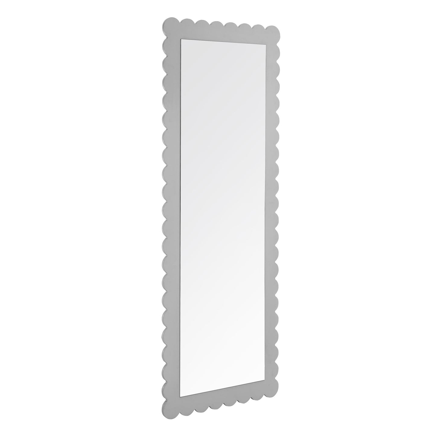 Tall rectangular floor mirror with a scalloped light gray frame.