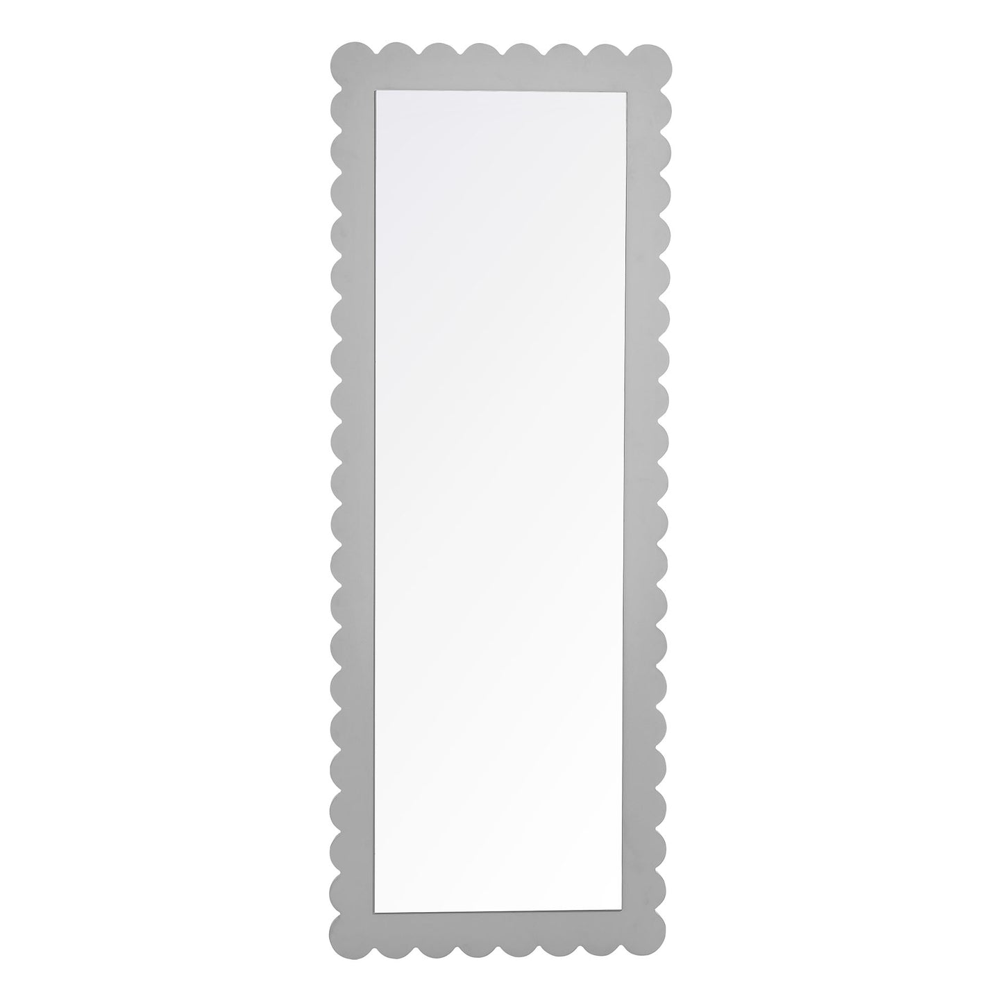Tall vertical rectangle floor mirror with a light gray scalloped border and a long reflective panel.