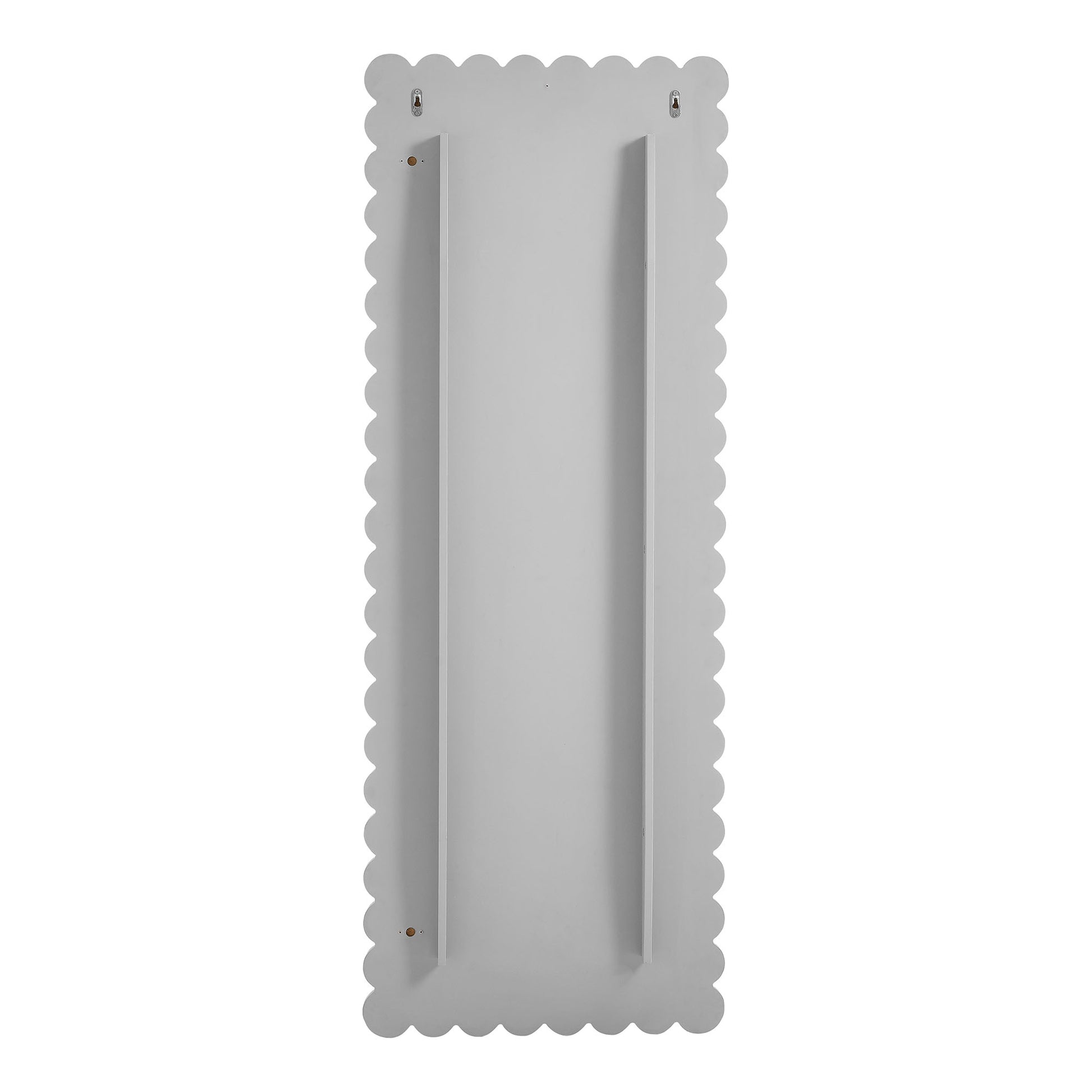 Gray scalloped-edge rectangle floor mirror.