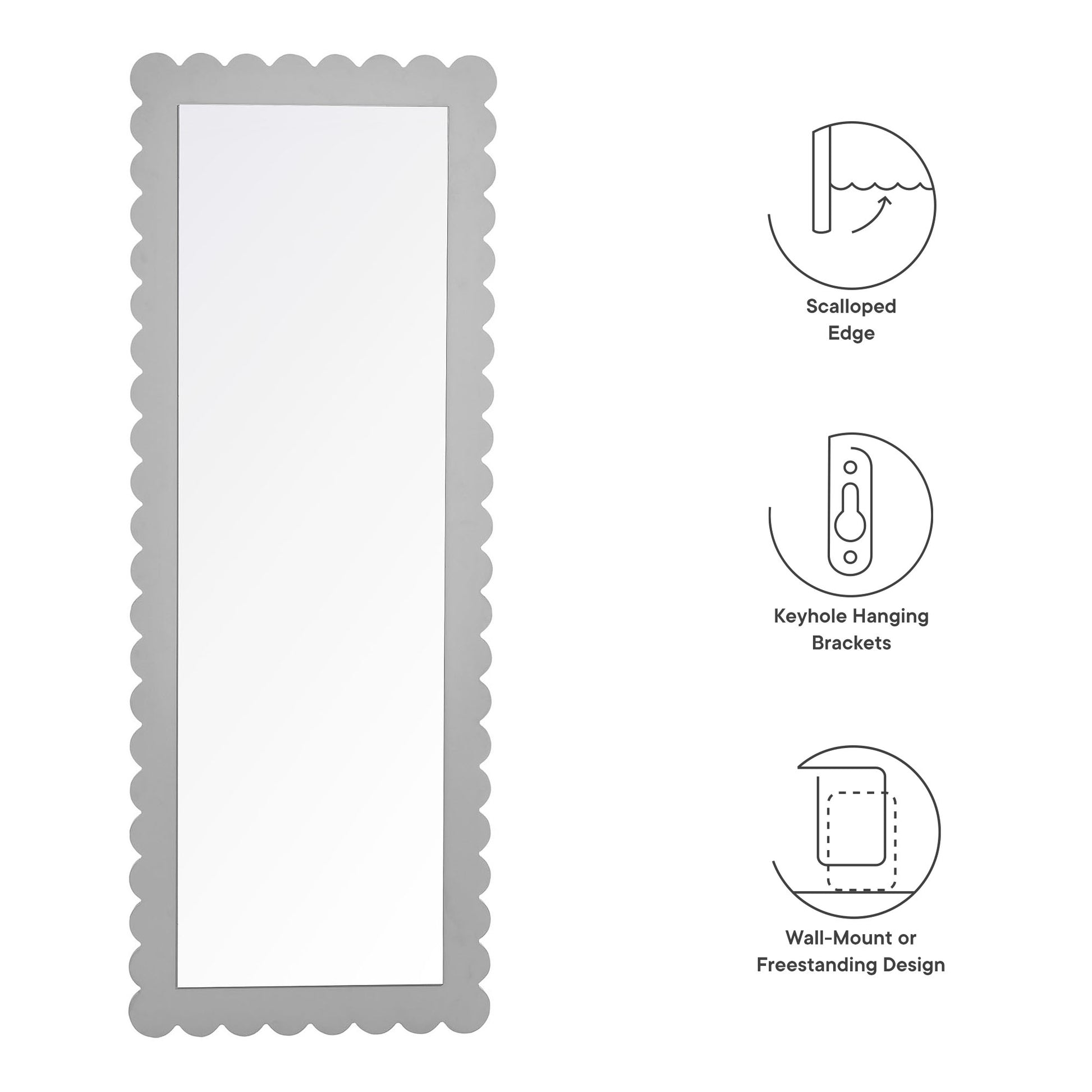Rectangular floor mirror with a scalloped light-gray frame; freestanding display.