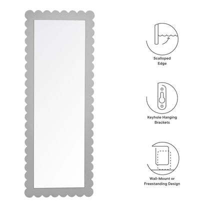 Rectangular floor mirror with a scalloped light-gray frame; freestanding display.