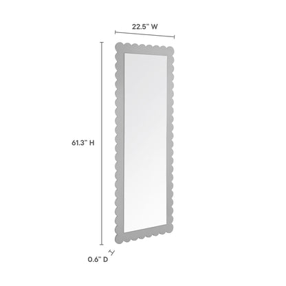 Full-length rectangular mirror with scalloped gray frame, 61.3 in high, 22.5 in wide, 0.6 in deep.