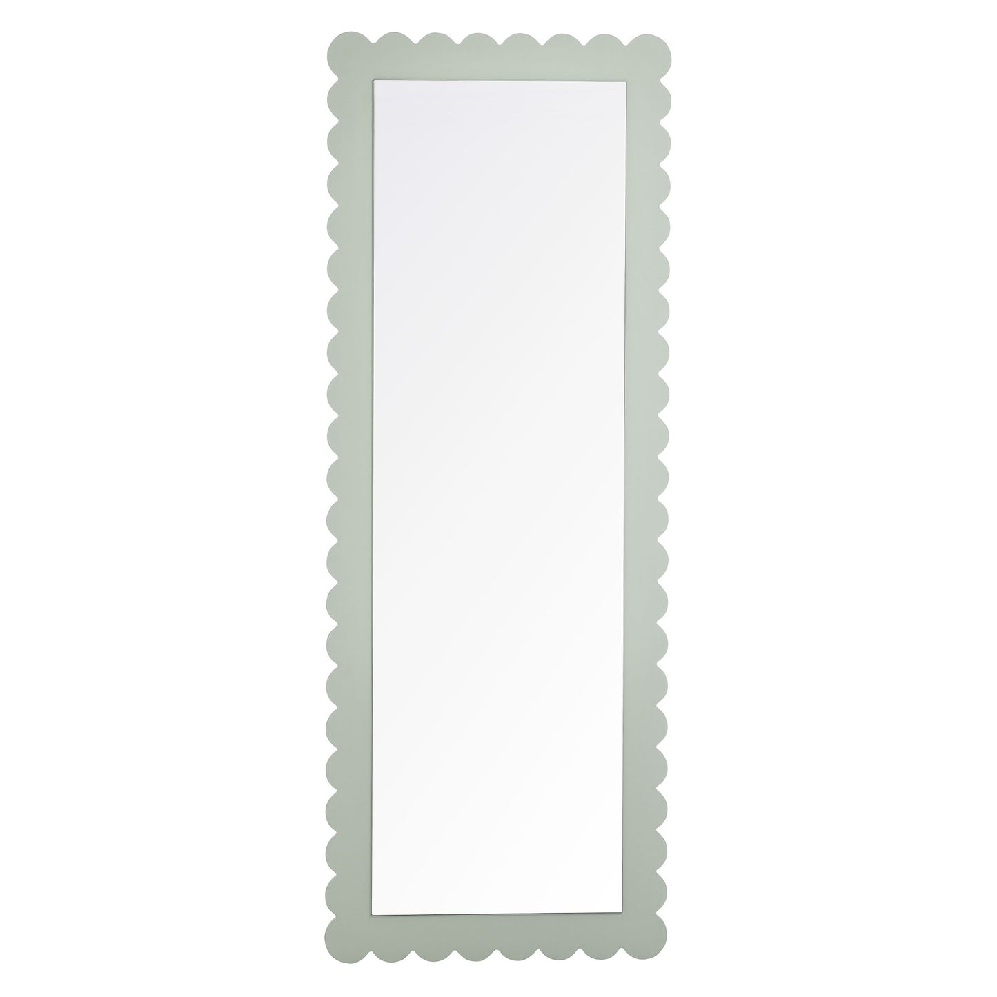 Tall full-length floor mirror with a scalloped sage-green frame.