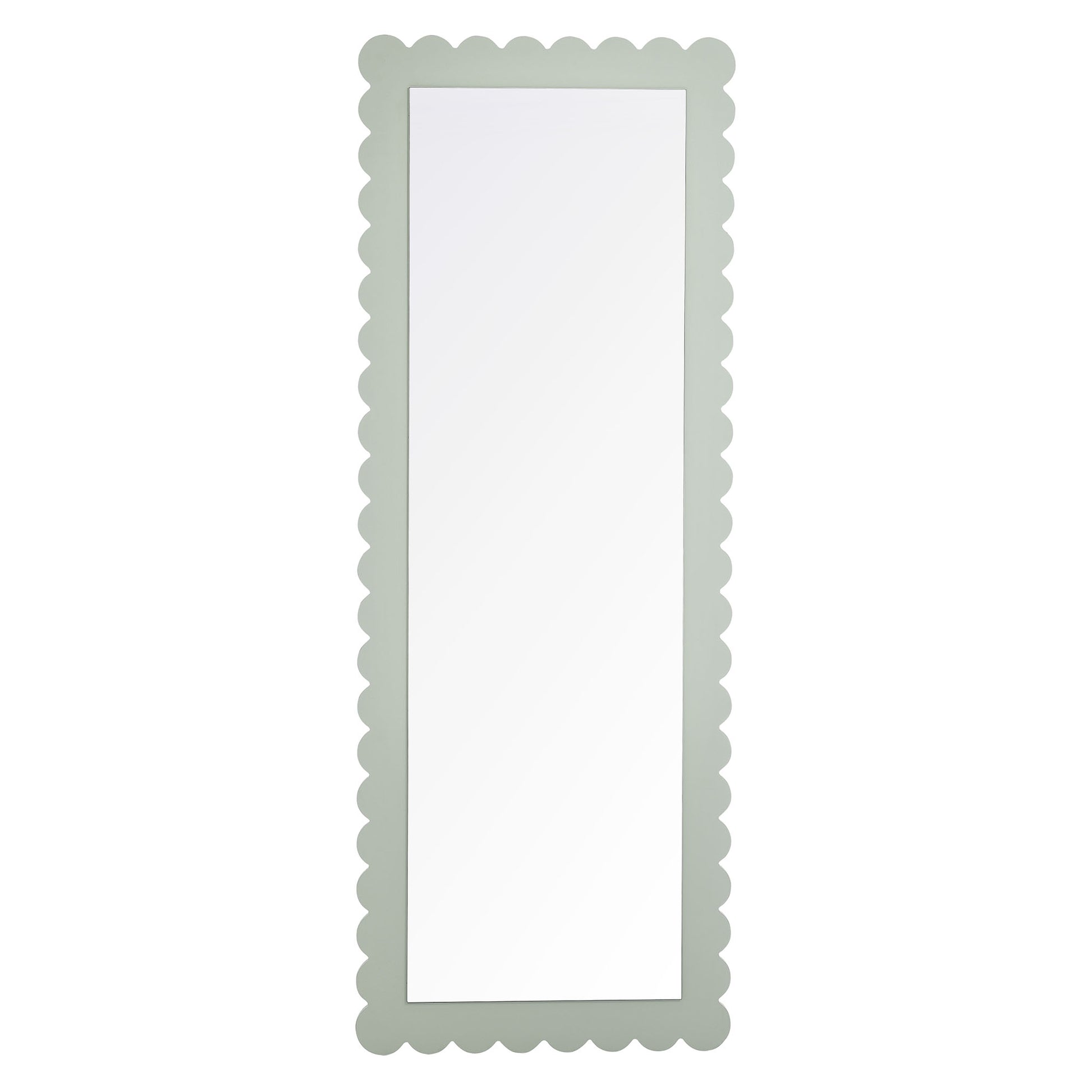 Tall full-length floor mirror with a scalloped sage-green frame.