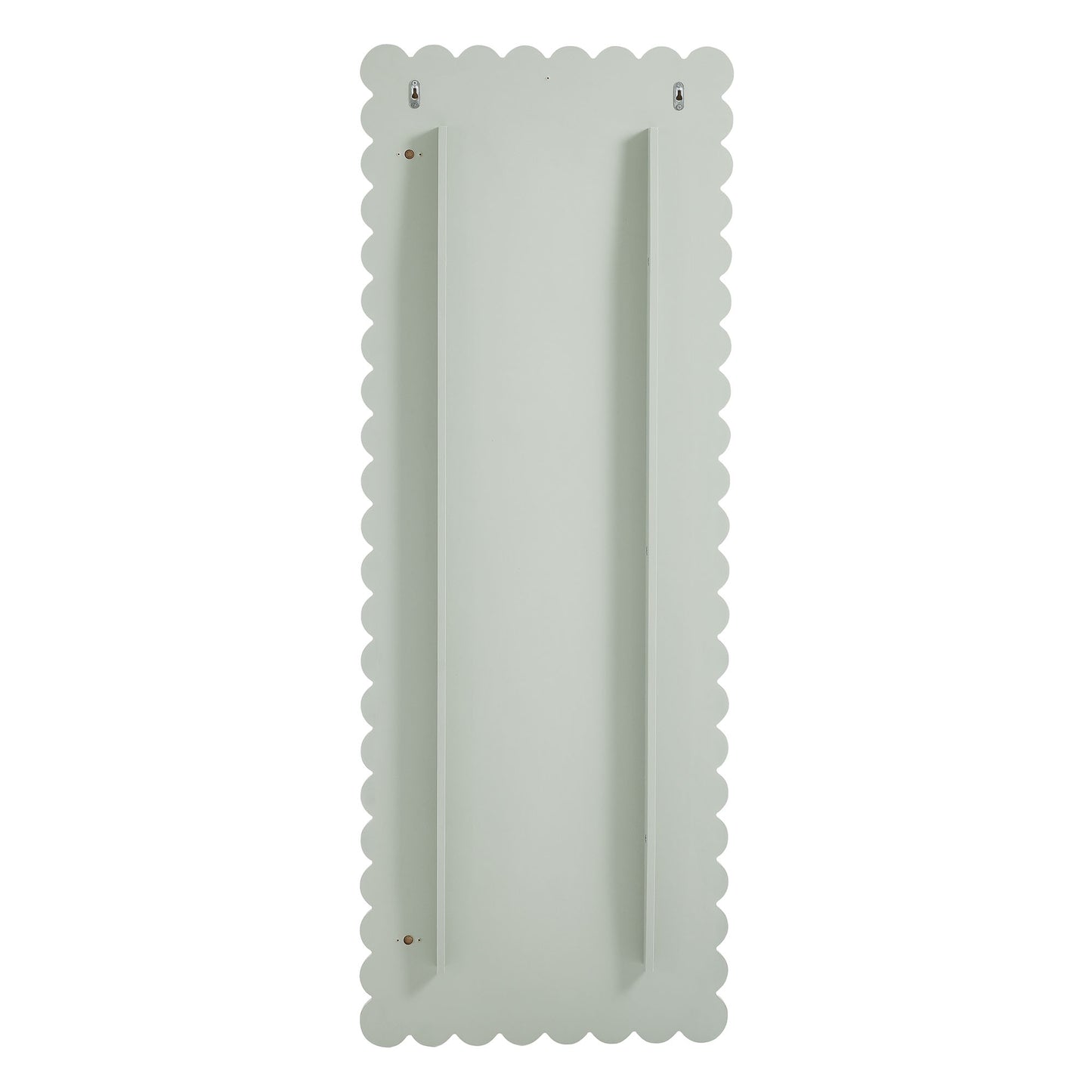 Sage green scalloped-edged rectangle floor mirror with a wooden frame.