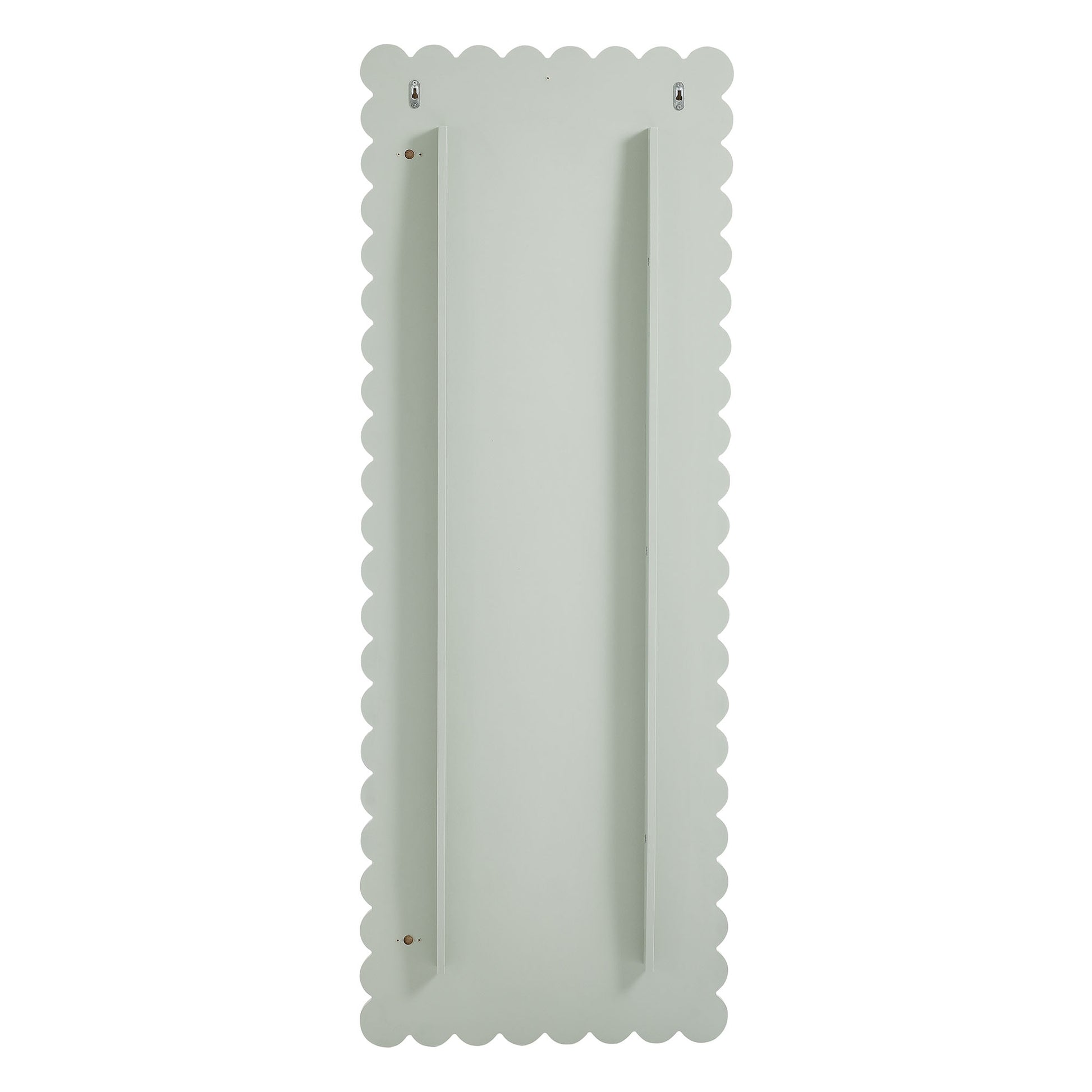Sage green scalloped-edged rectangle floor mirror with a wooden frame.