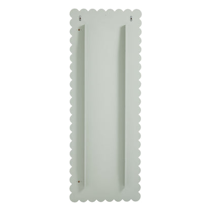 Sage green scalloped-edged rectangle floor mirror with a wooden frame.