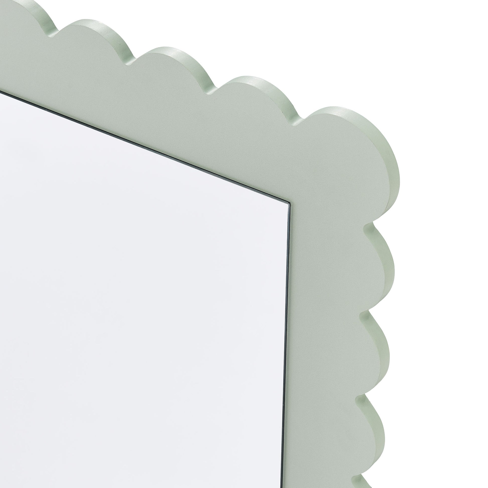 Mint-green scalloped-edge rectangle floor mirror with glass inset, vintage decorative mirror.