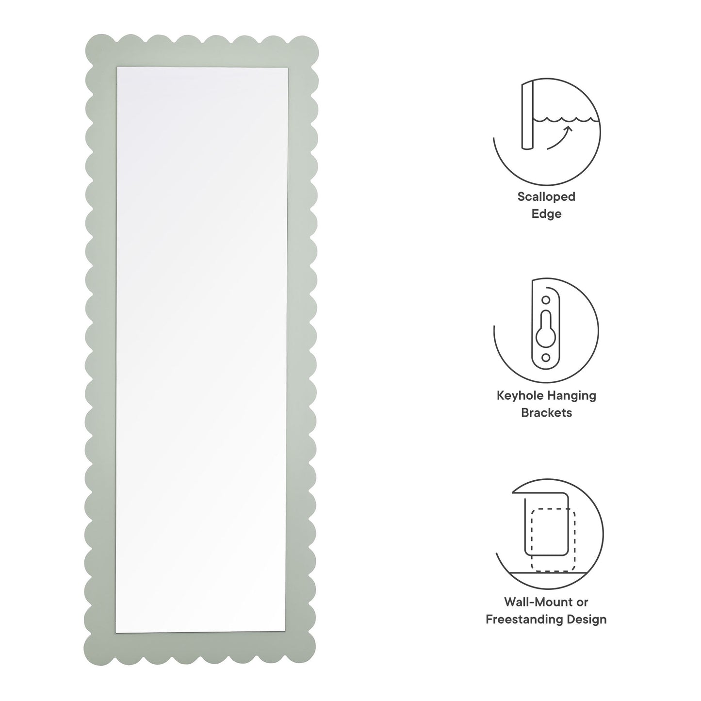 Tall sage-green scalloped-edge rectangle floor mirror; includes keyhole hanging brackets for wall-mount or freestanding display.