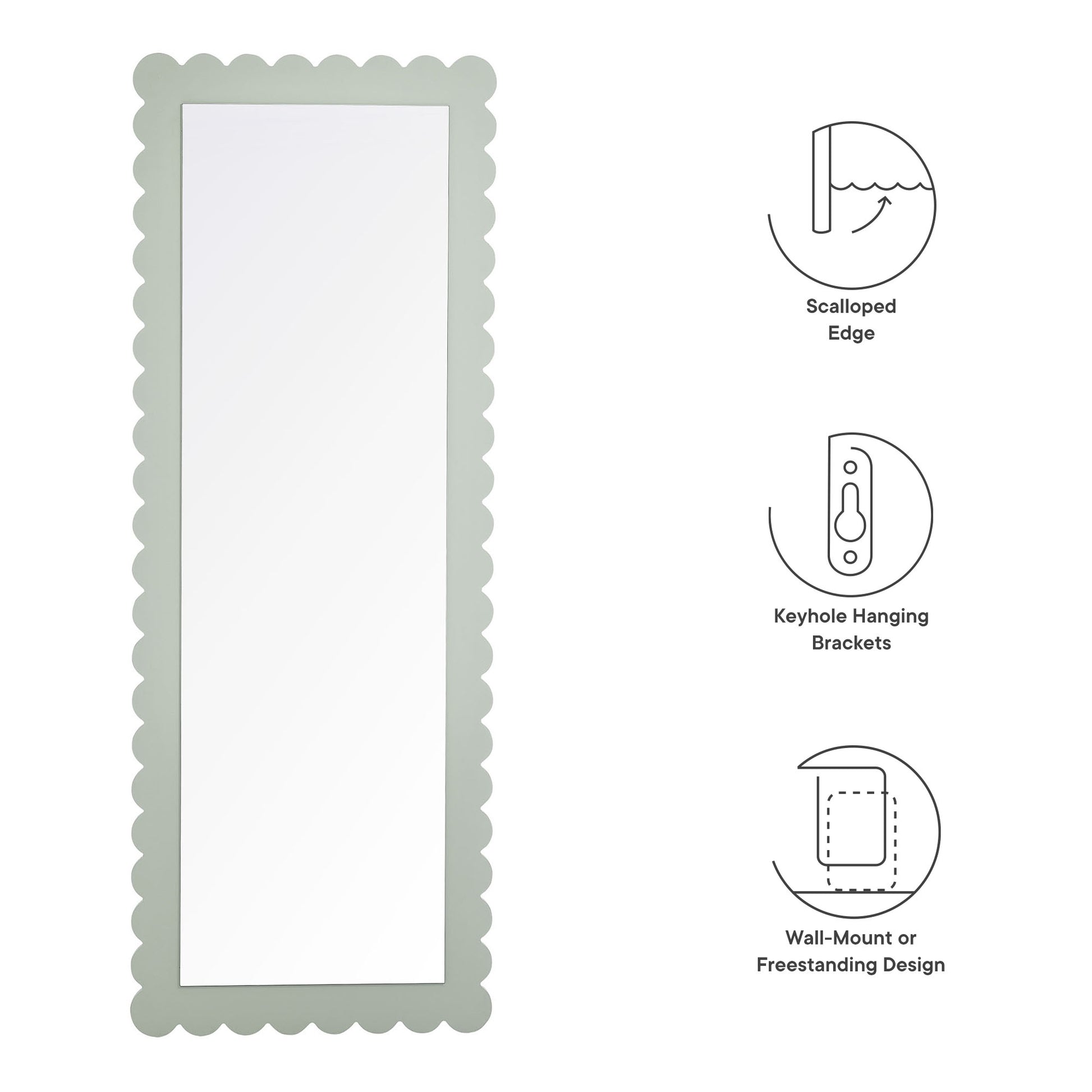 Tall sage-green scalloped-edge rectangle floor mirror; includes keyhole hanging brackets for wall-mount or freestanding display.