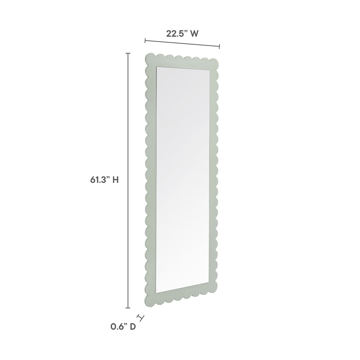 Tall full-length mirror with a scalloped sage-green frame; measures 61.3 in high, 22.5 in wide, 0.6 in deep.