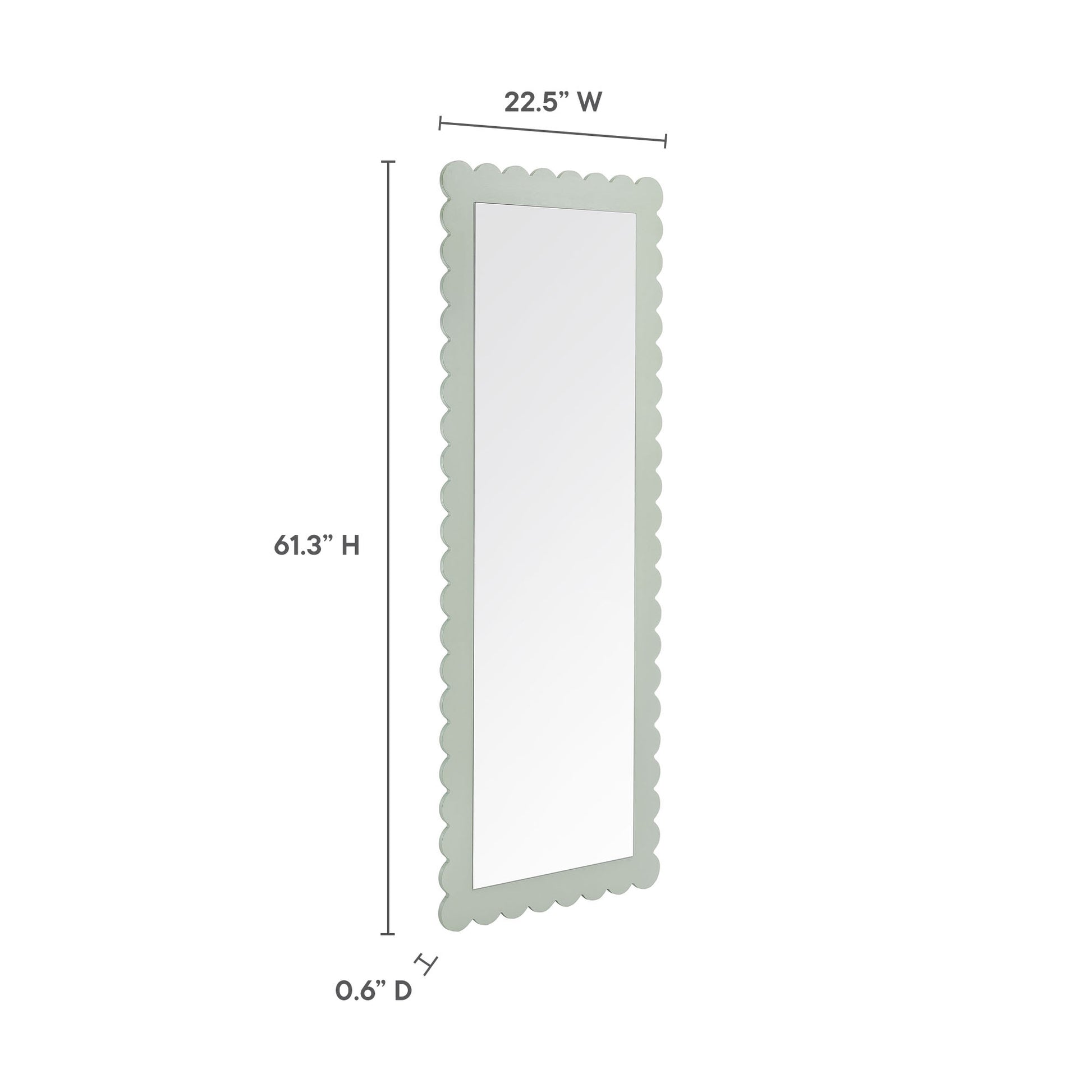 Tall full-length mirror with a scalloped sage-green frame; measures 61.3 in high, 22.5 in wide, 0.6 in deep.